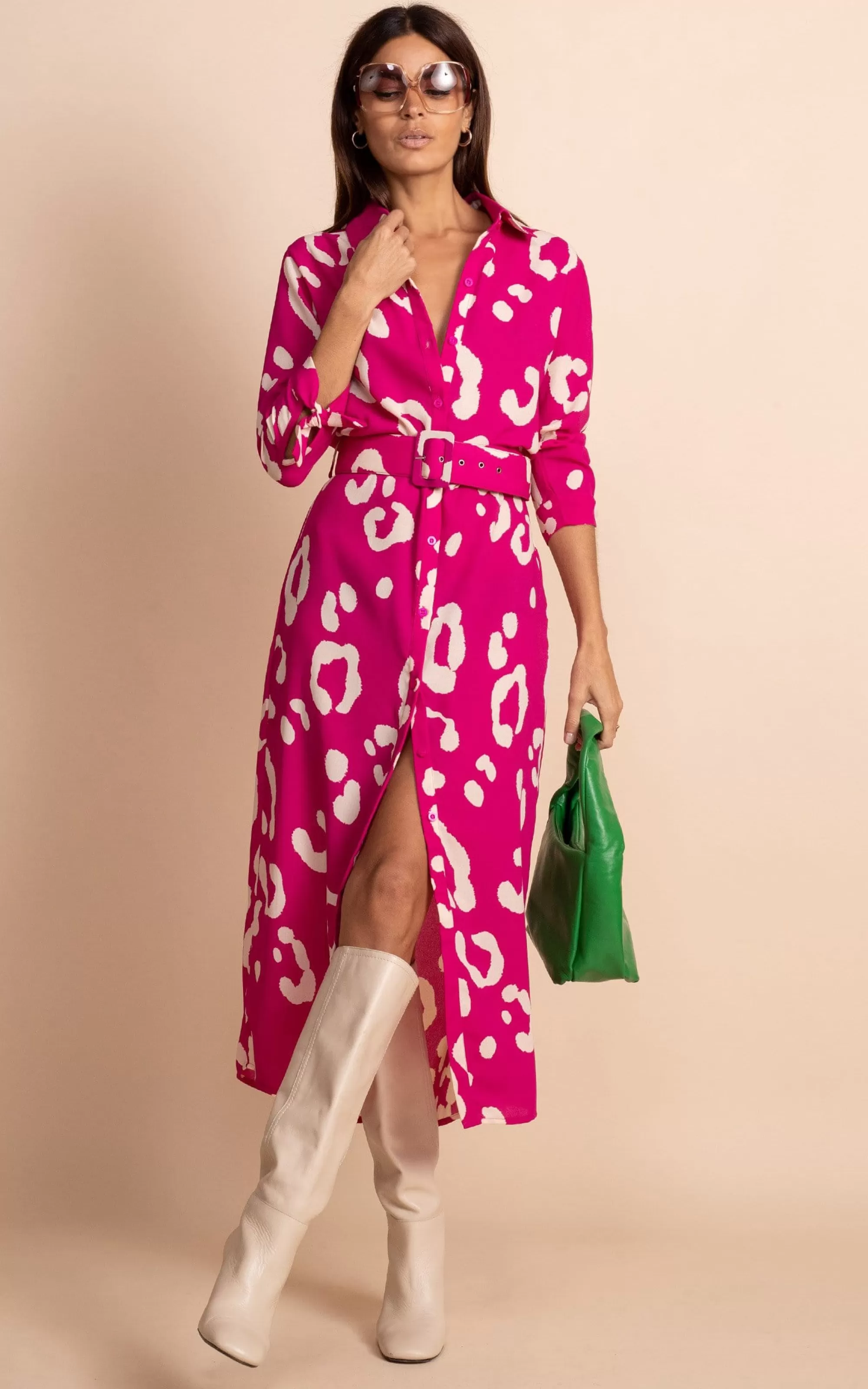 Dresses>Dancing Leopard Alva Midi Shirt Dress In Oversized Leopard Cream On Magenta