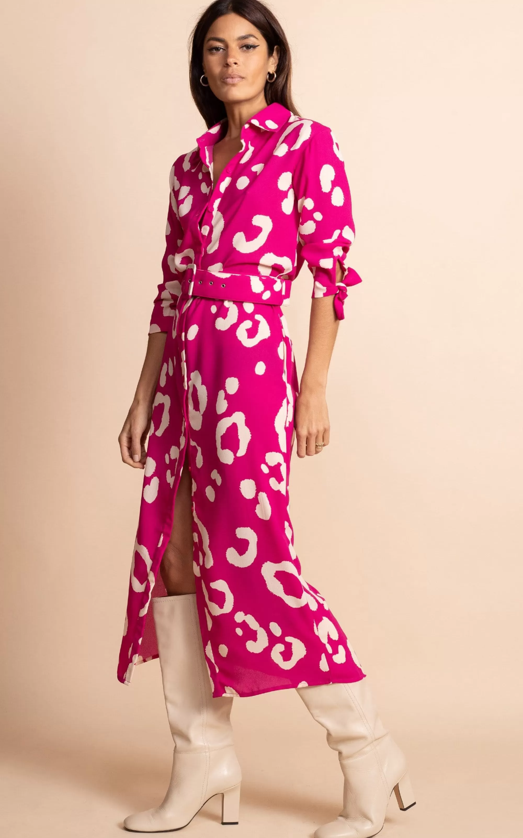 Dresses>Dancing Leopard Alva Midi Shirt Dress In Oversized Leopard Cream On Magenta