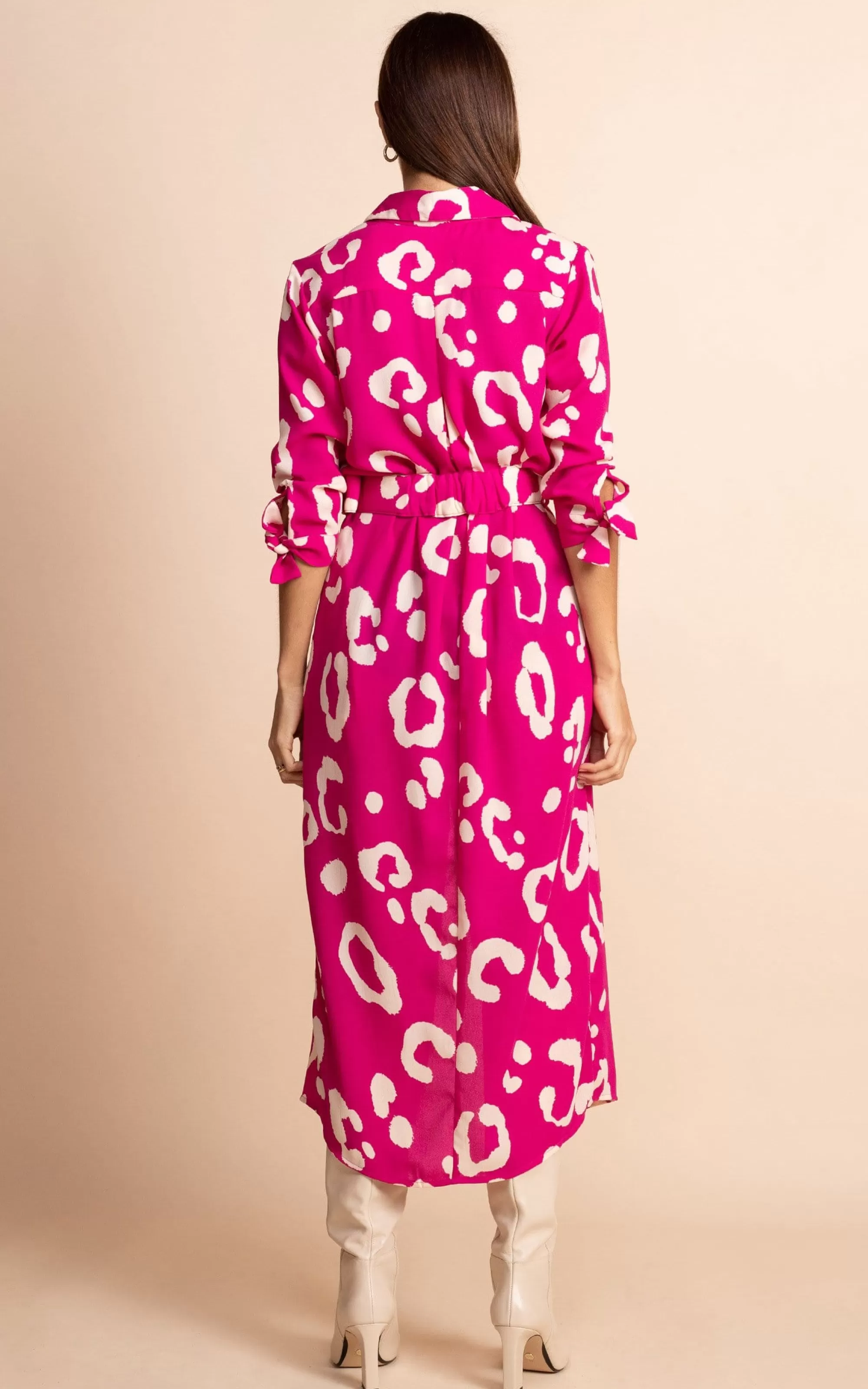 Dresses>Dancing Leopard Alva Midi Shirt Dress In Oversized Leopard Cream On Magenta