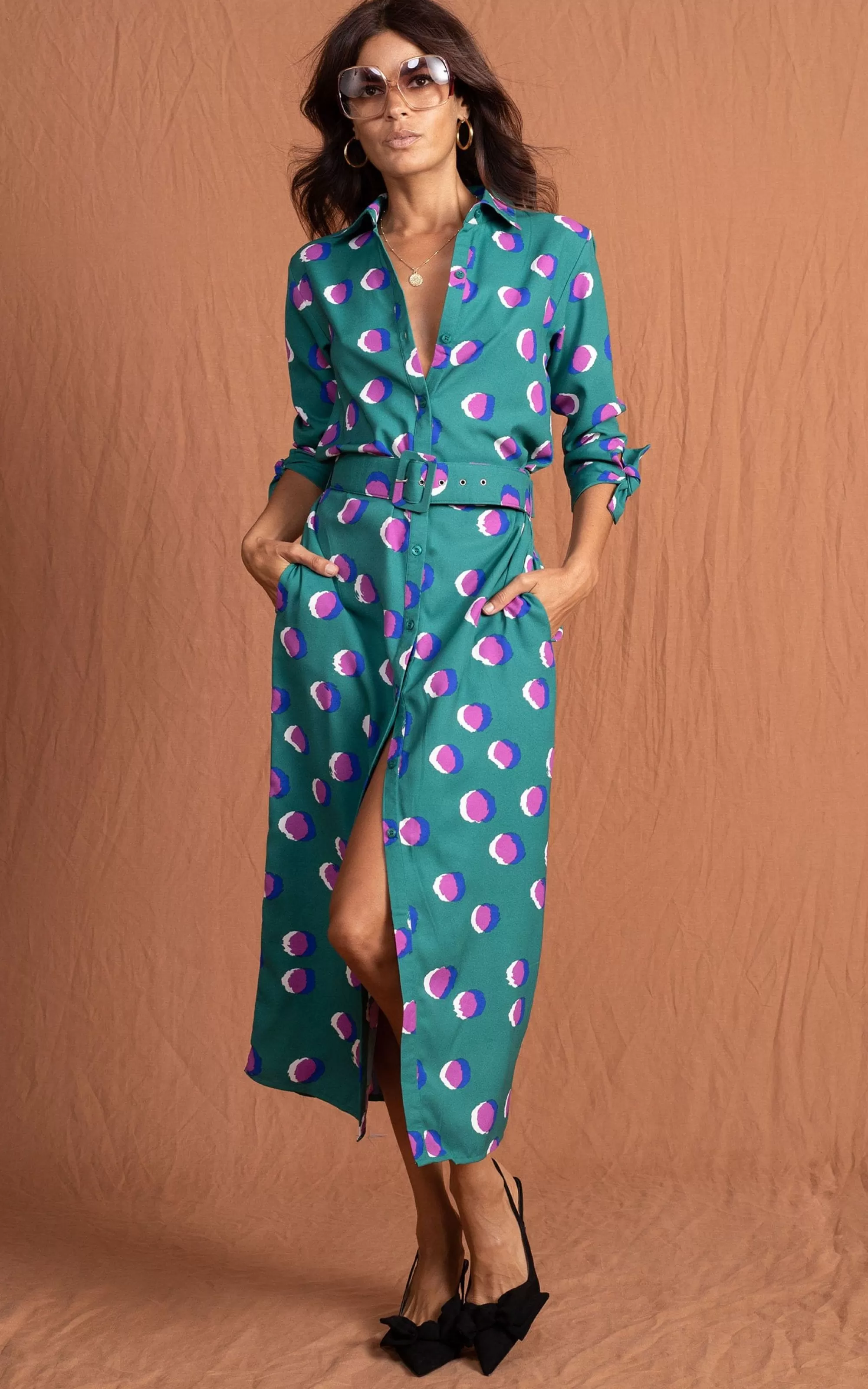 Dresses>Dancing Leopard Alva Midi Shirt Dress In Polka Dot Purple On Green