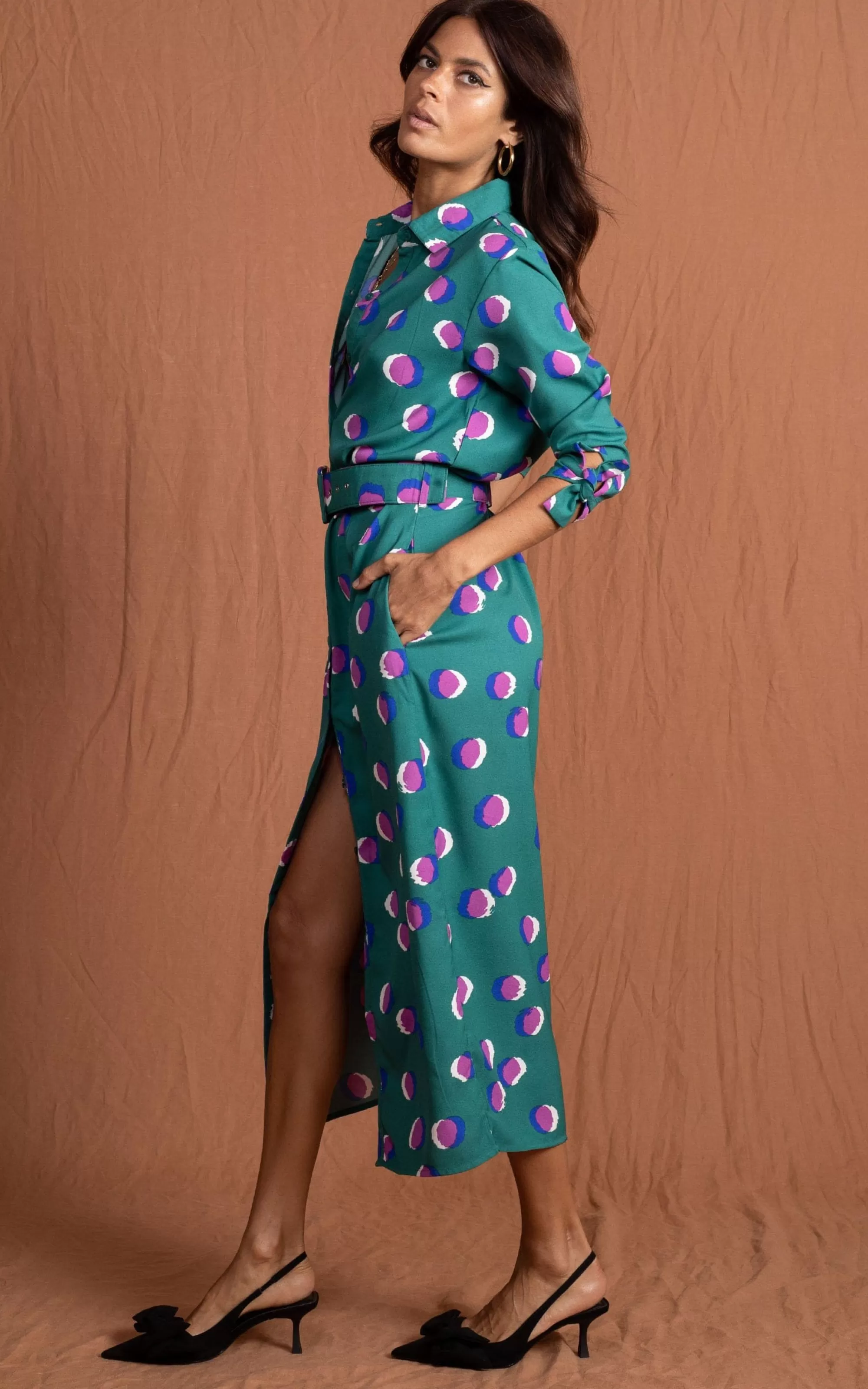 Dresses>Dancing Leopard Alva Midi Shirt Dress In Polka Dot Purple On Green