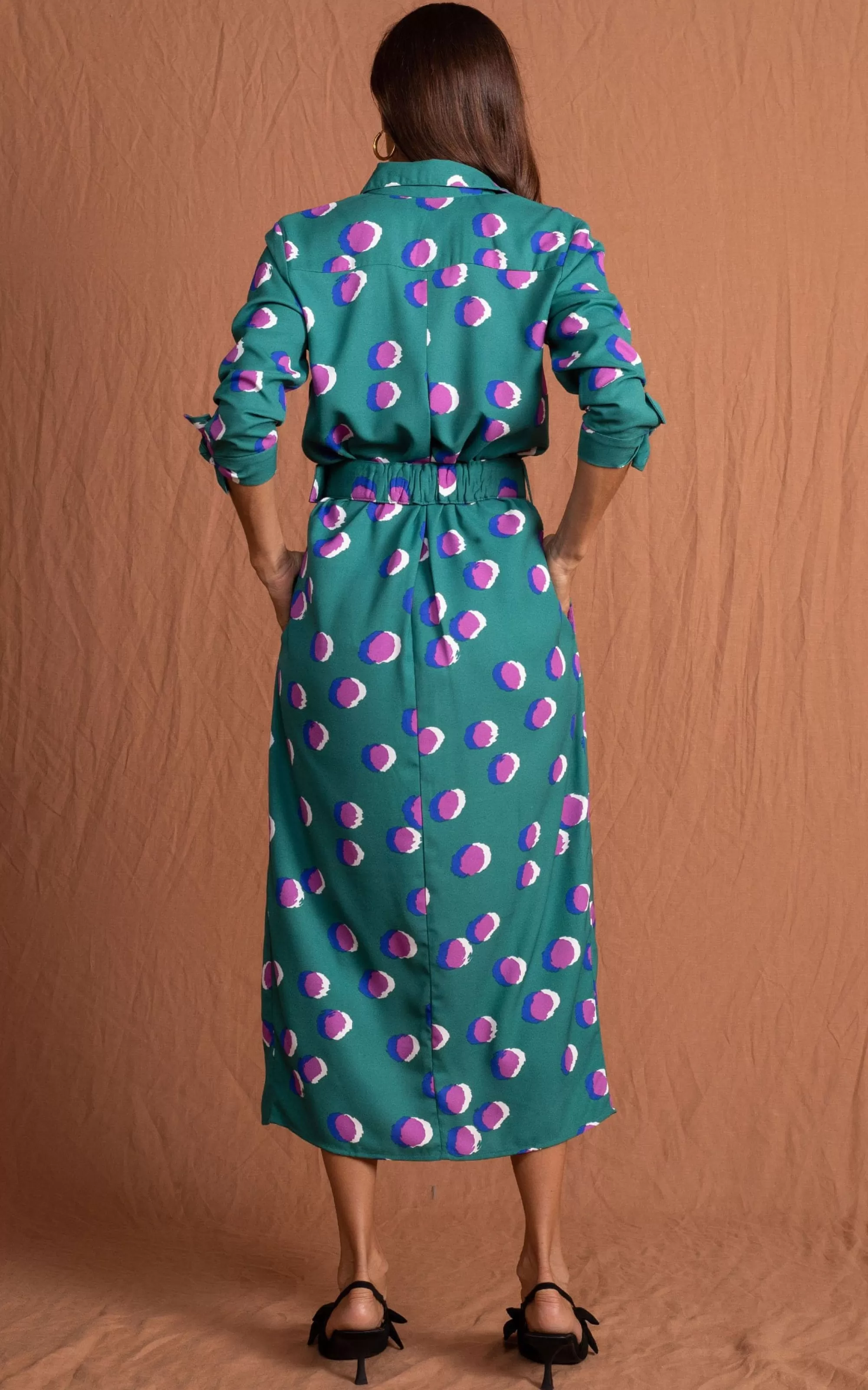 Dresses>Dancing Leopard Alva Midi Shirt Dress In Polka Dot Purple On Green