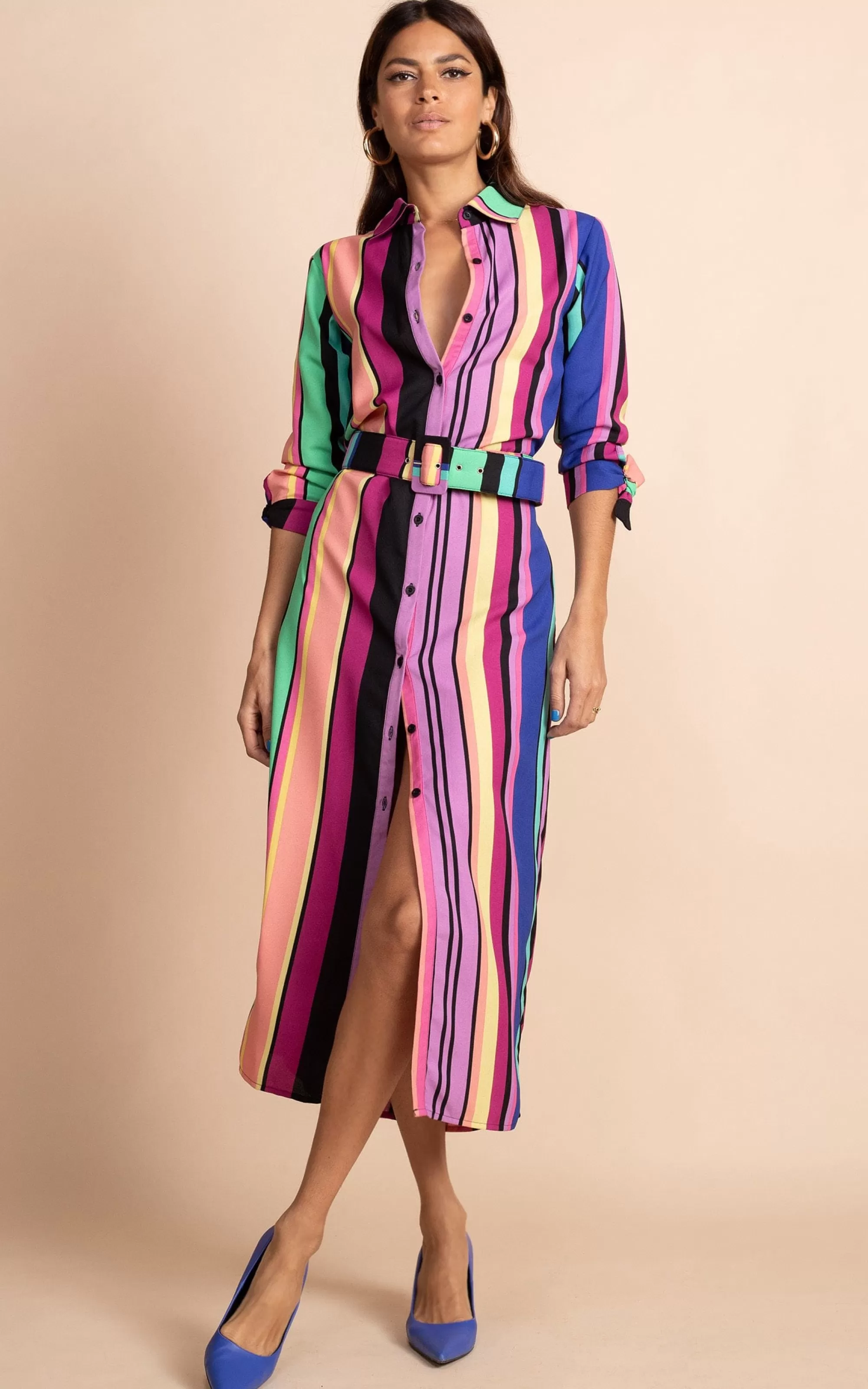 Dresses>Dancing Leopard Alva Midi Shirt Dress In Stripe