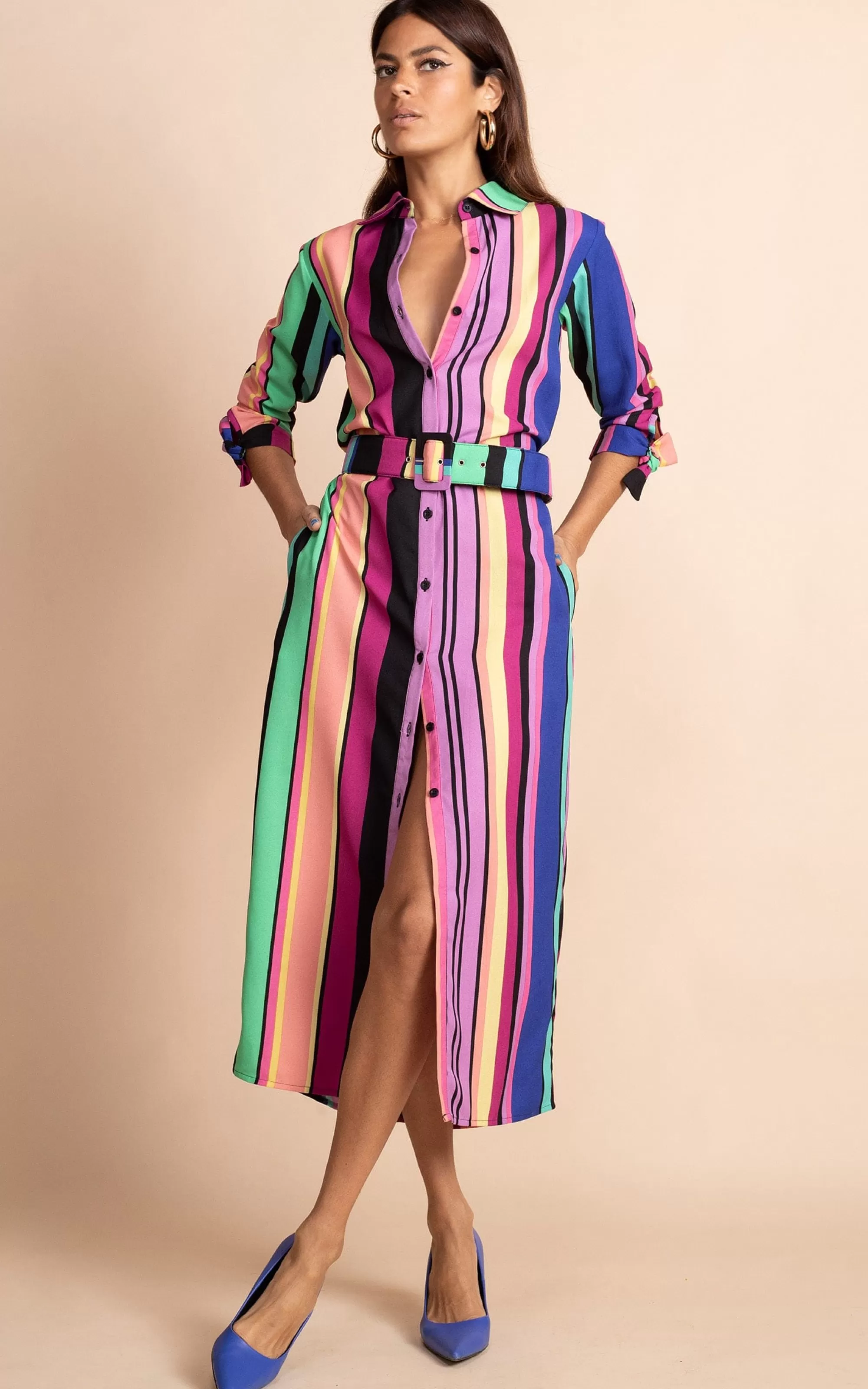 Dresses>Dancing Leopard Alva Midi Shirt Dress In Stripe