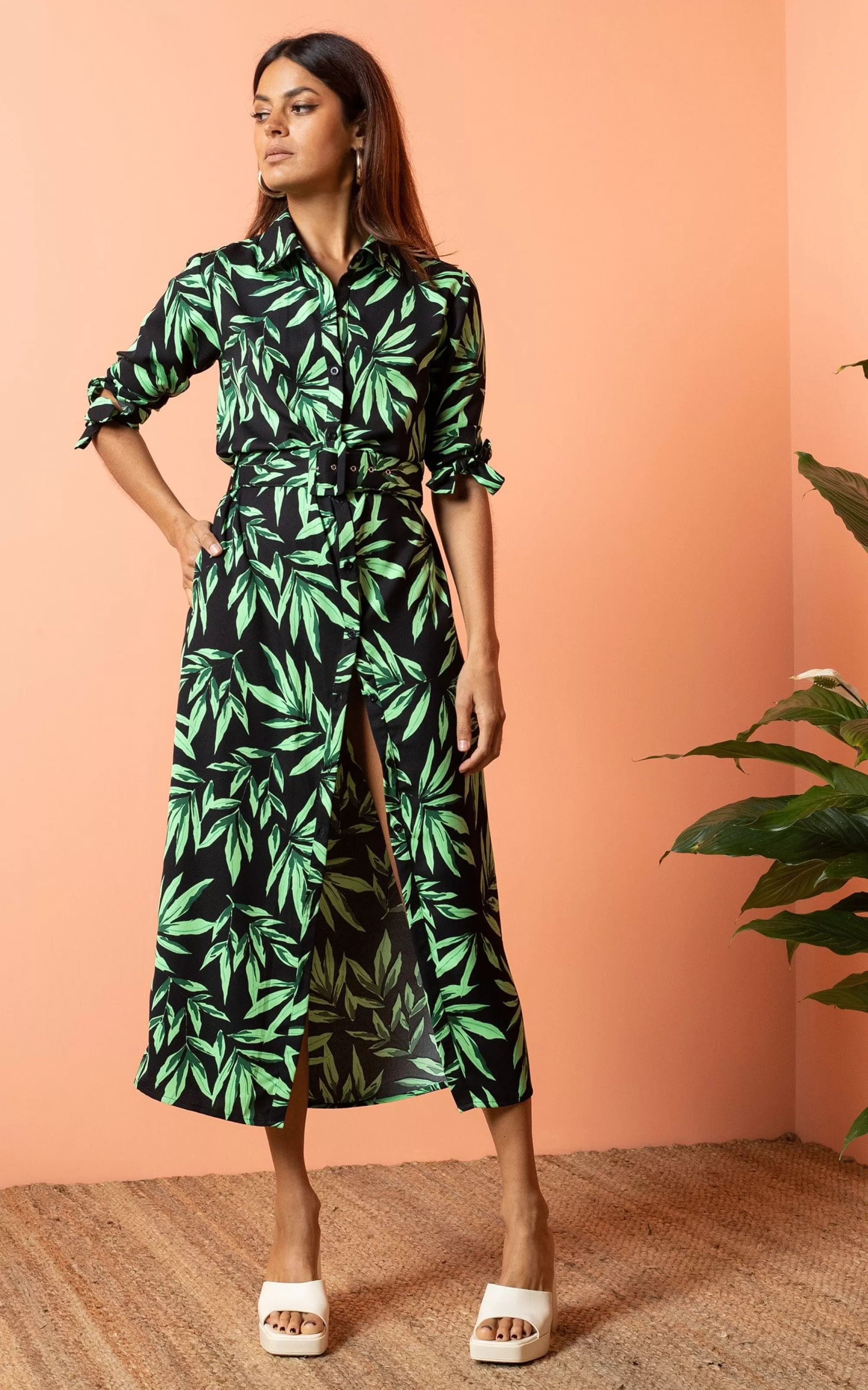 Dresses>Dancing Leopard Alva Midi Shirt Dress In Tropic Green On Black