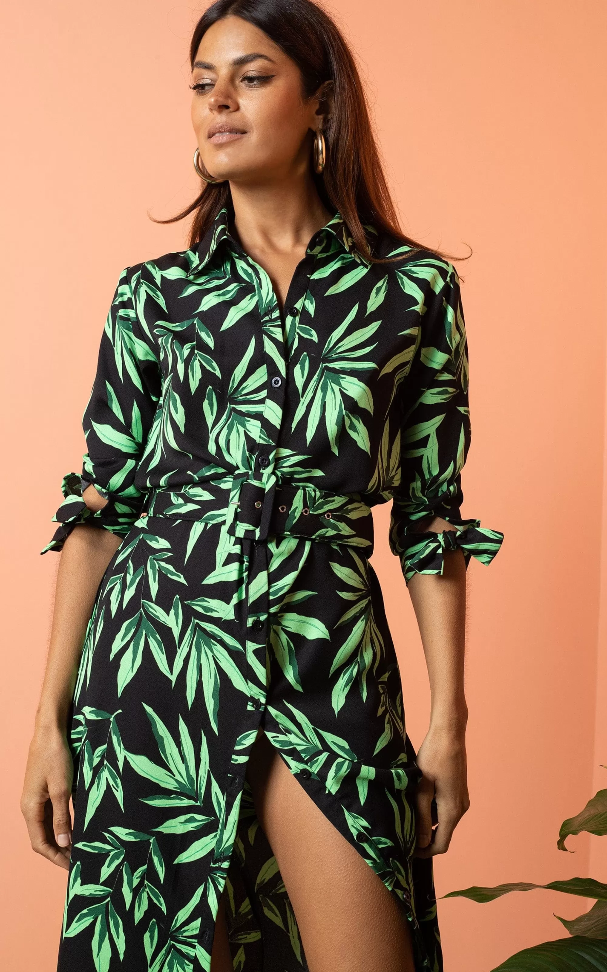 Dresses>Dancing Leopard Alva Midi Shirt Dress In Tropic Green On Black