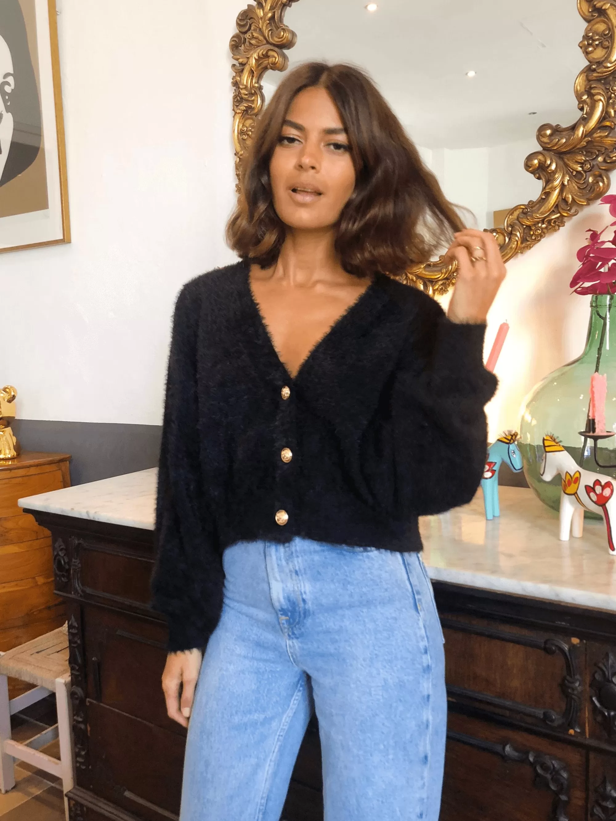 Knitwear>Dancing Leopard Ariana Cropped Cardigan In Black