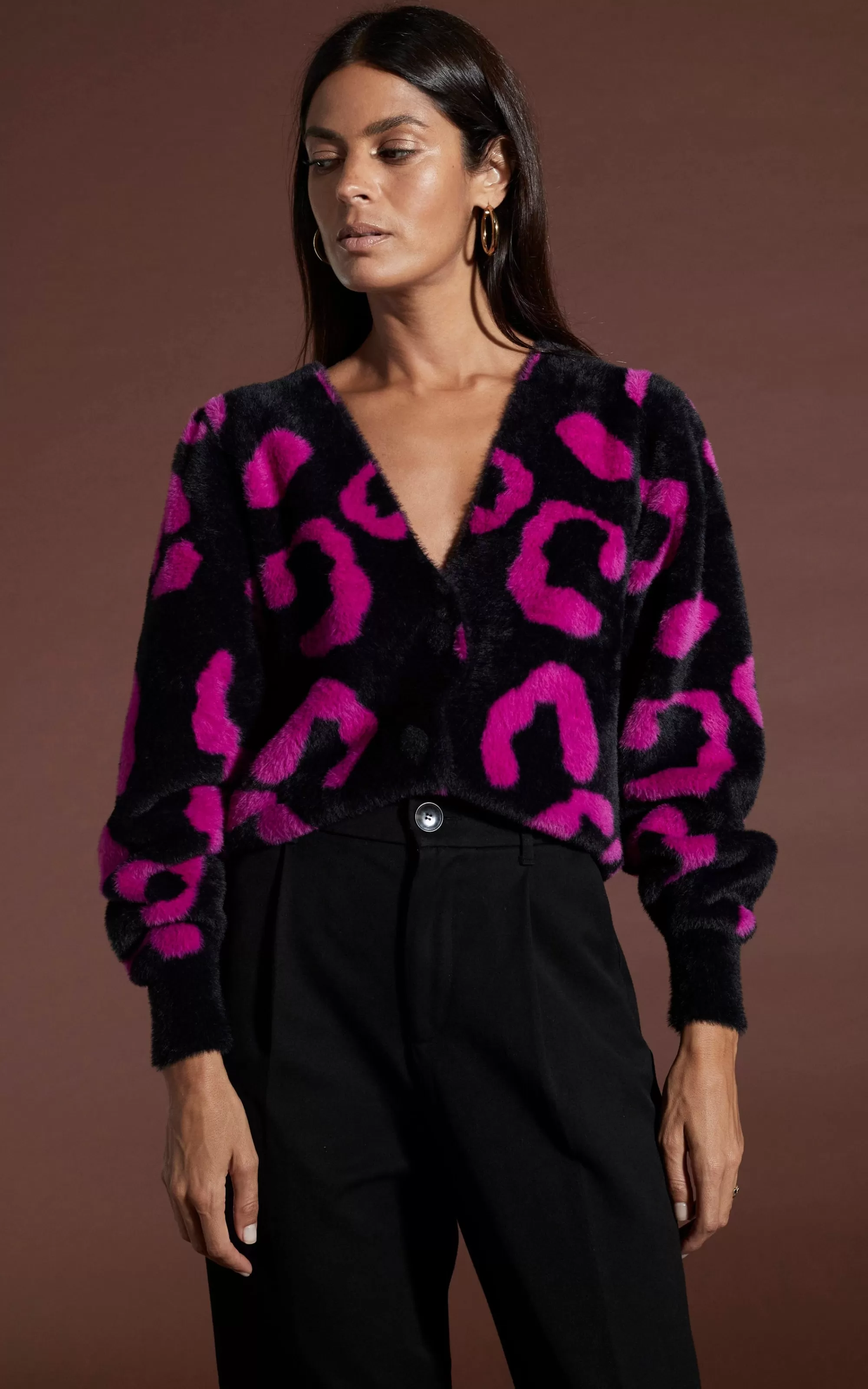 Knitwear>Dancing Leopard Bambino Cardigan In Cerise On Black Leopard