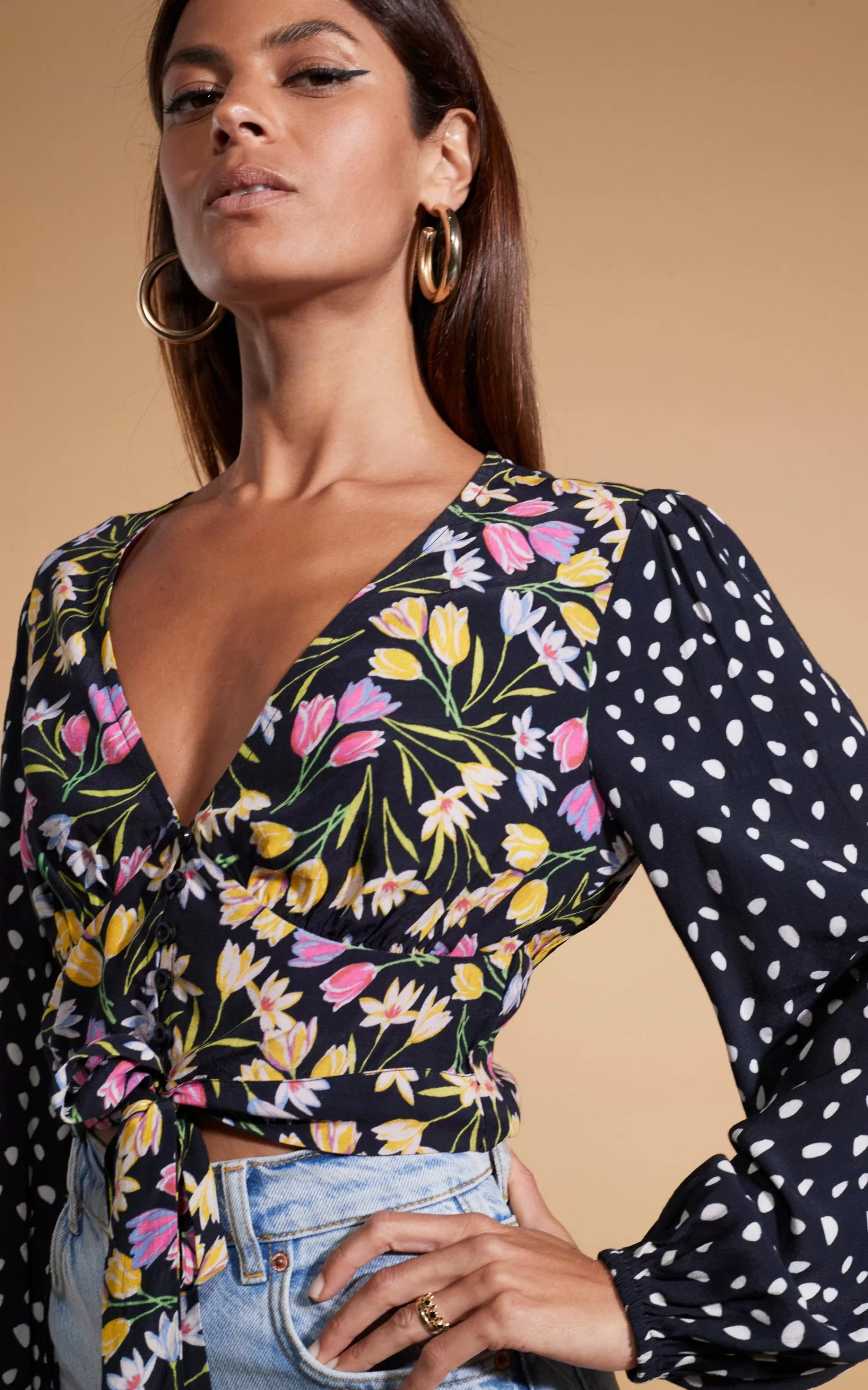 Tops>Dancing Leopard Betsy Tie Front Top In Citrus Tulip And Odd Dot Mix