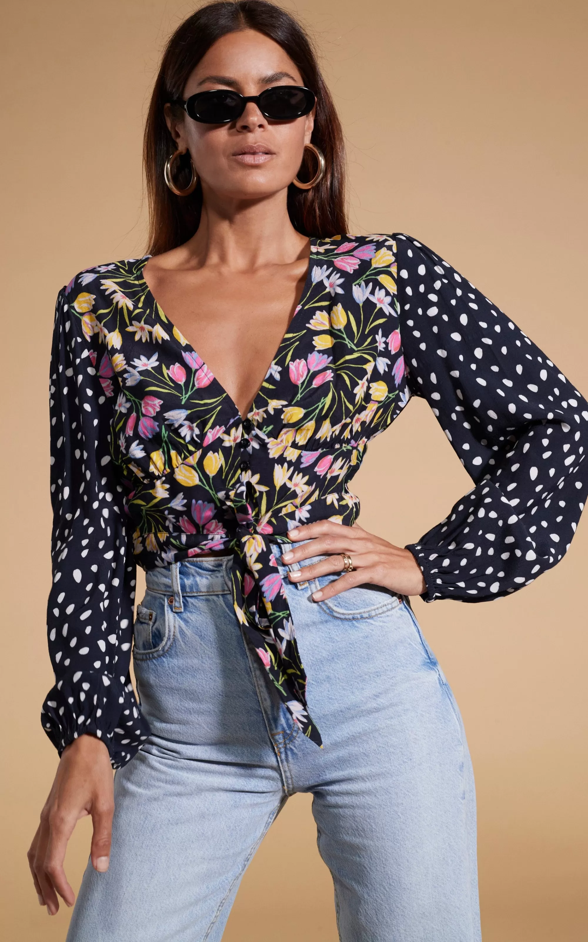 Tops>Dancing Leopard Betsy Tie Front Top In Citrus Tulip And Odd Dot Mix