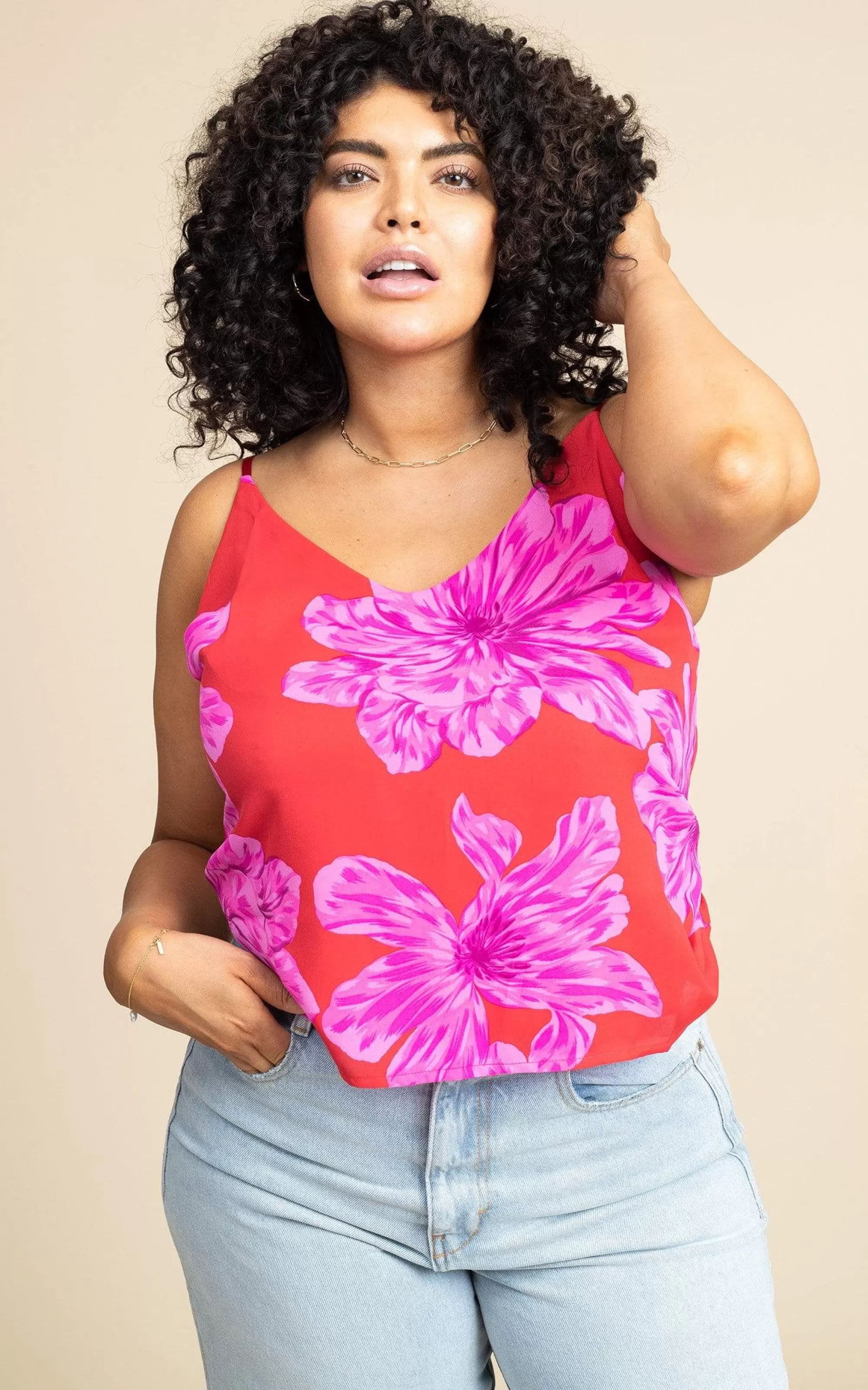 Tops>Dancing Leopard Birdie Cami In Pink On Red Bloom