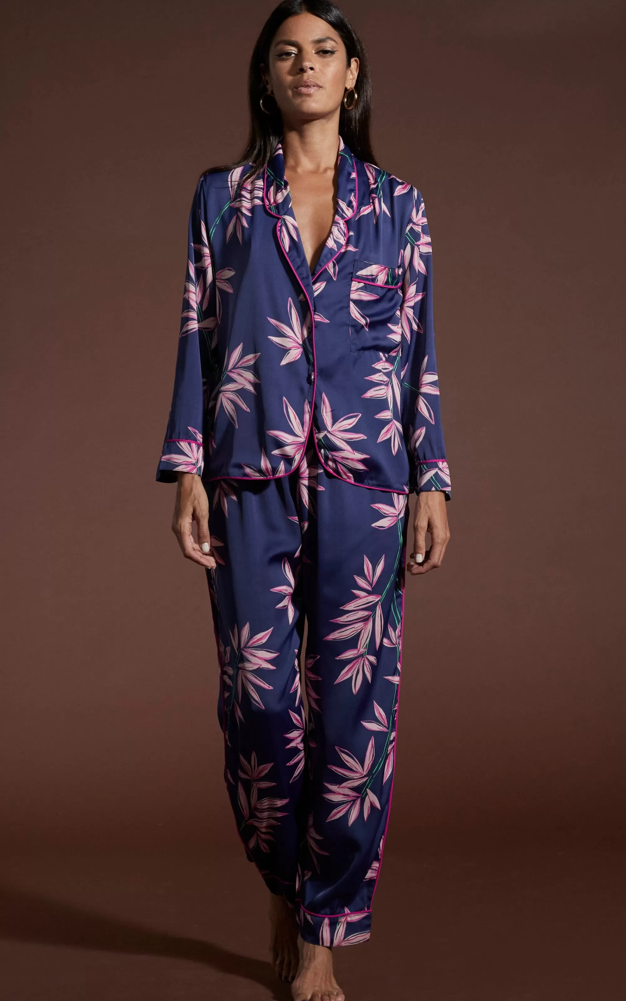 Pyjamas>Dancing Leopard Cosmos Satin Long Leg Pj Set In Bamboo Navy Base