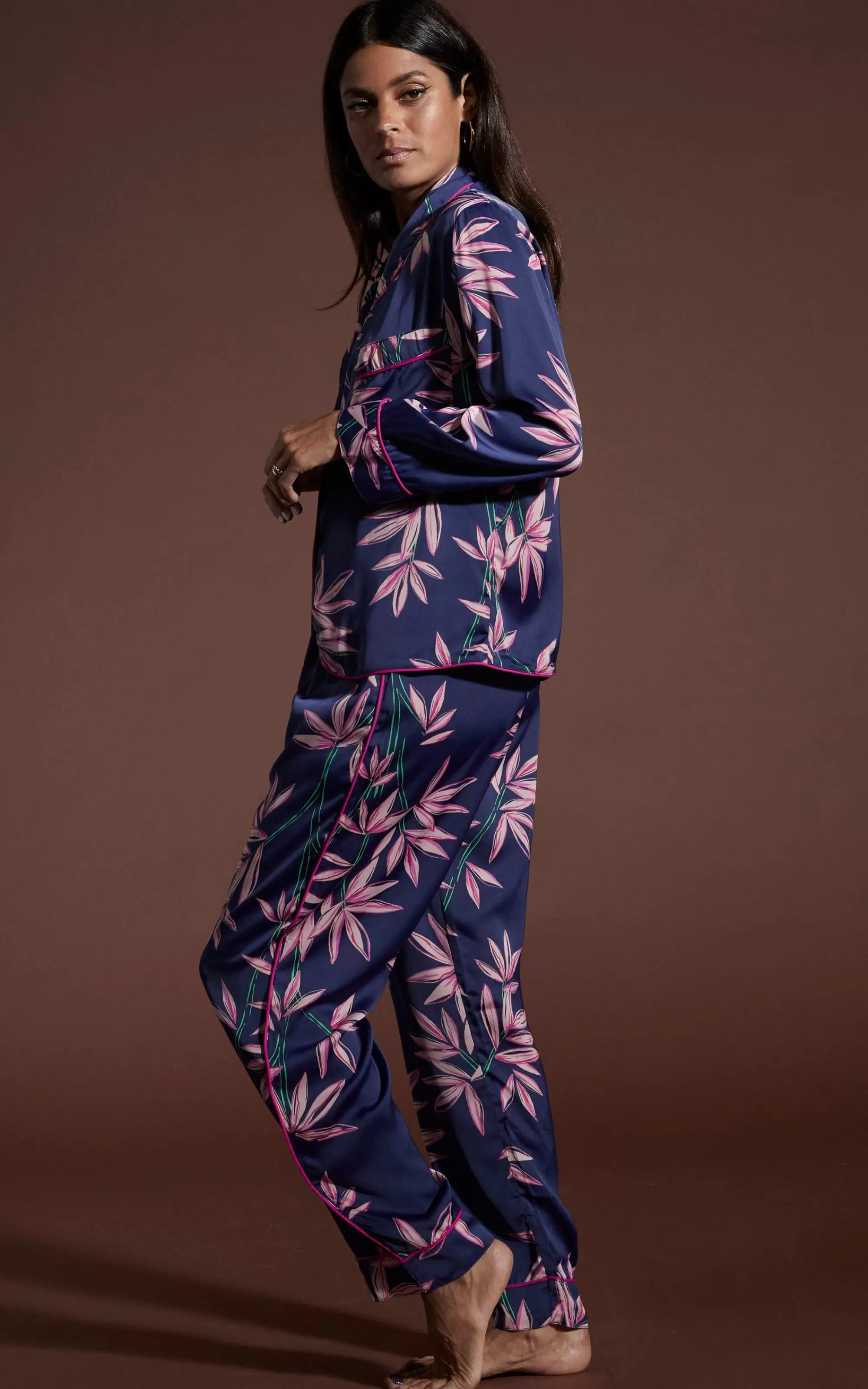 Pyjamas>Dancing Leopard Cosmos Satin Long Leg Pj Set In Bamboo Navy Base