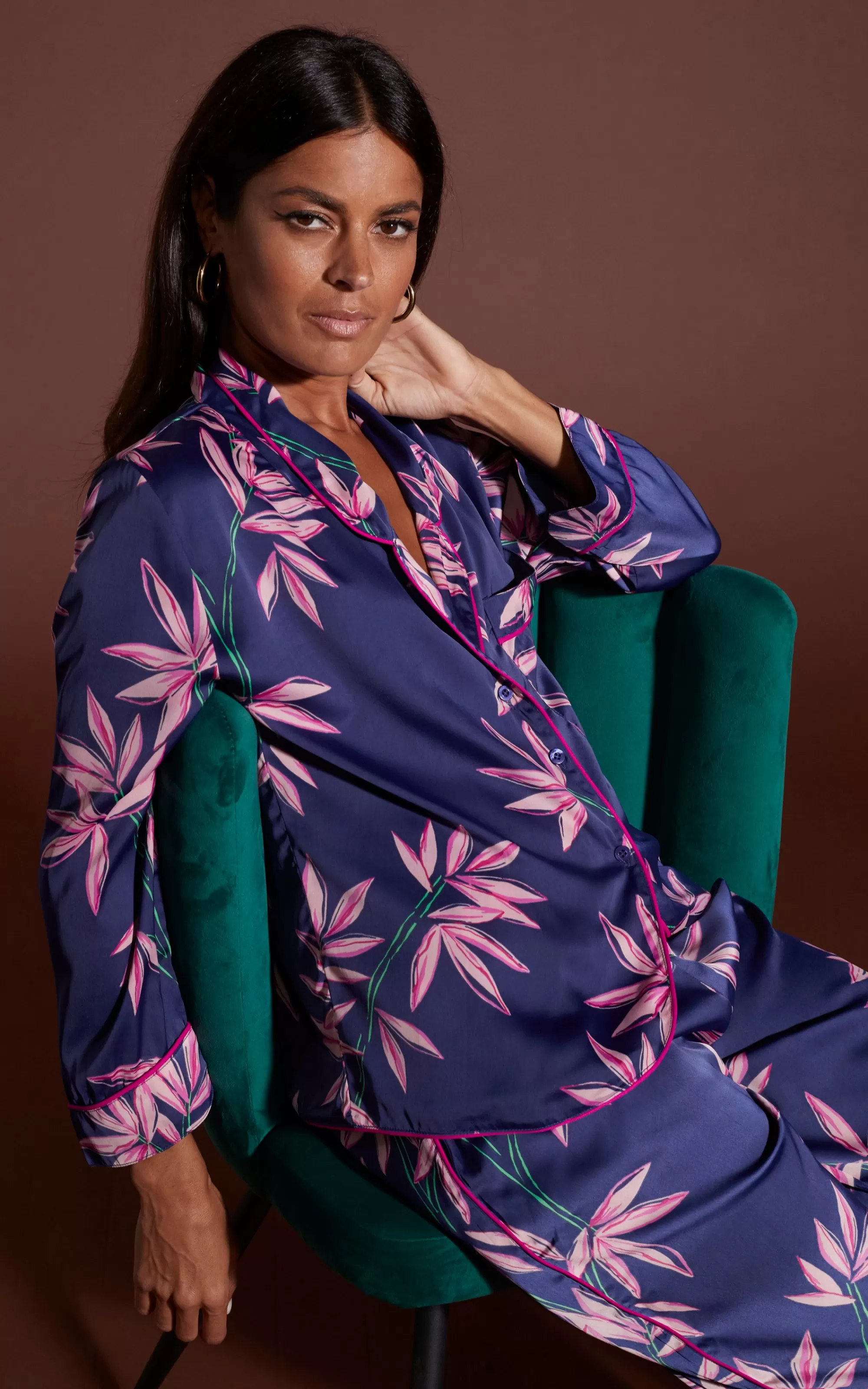 Pyjamas>Dancing Leopard Cosmos Satin Long Leg Pj Set In Bamboo Navy Base