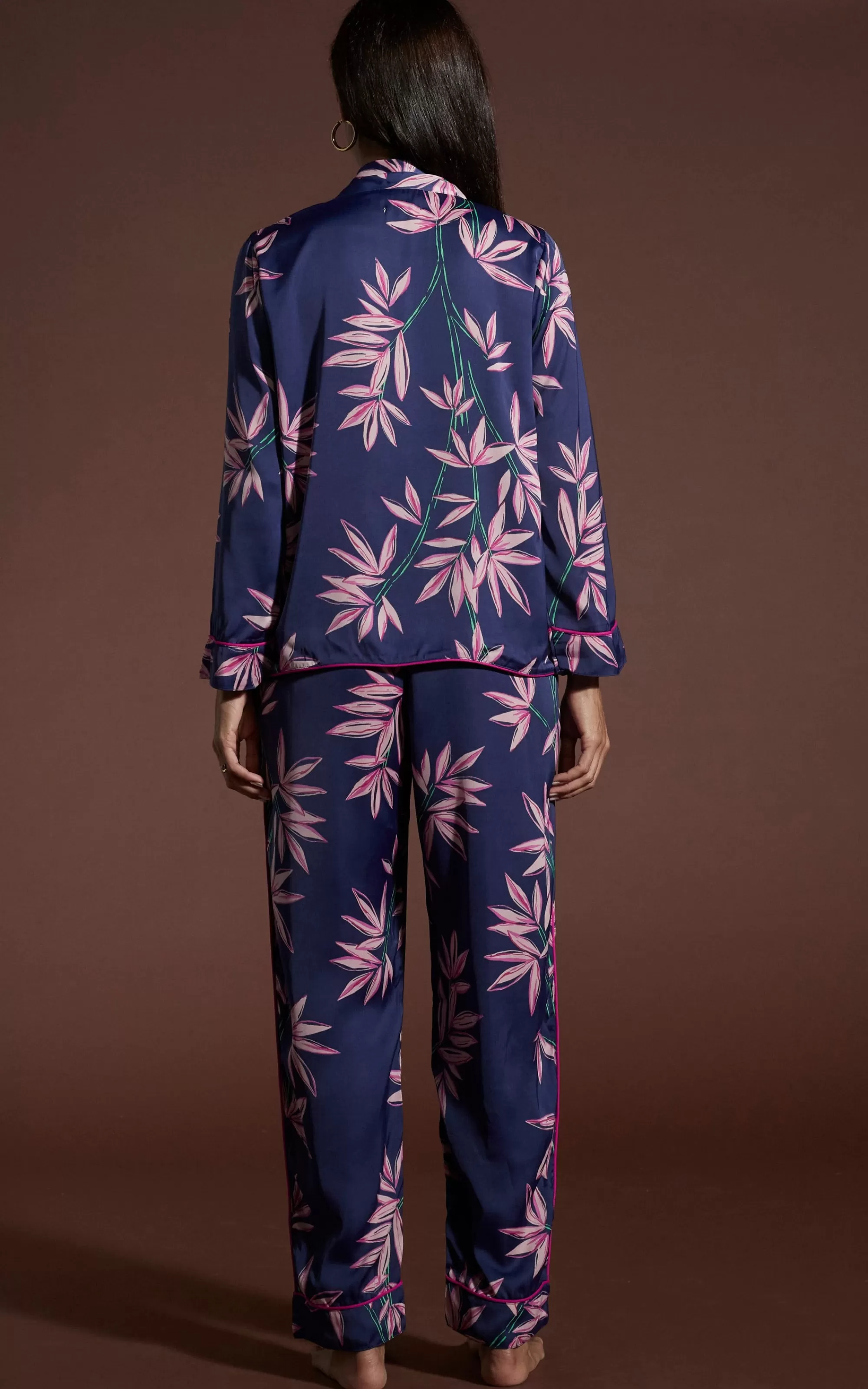 Pyjamas>Dancing Leopard Cosmos Satin Long Leg Pj Set In Bamboo Navy Base