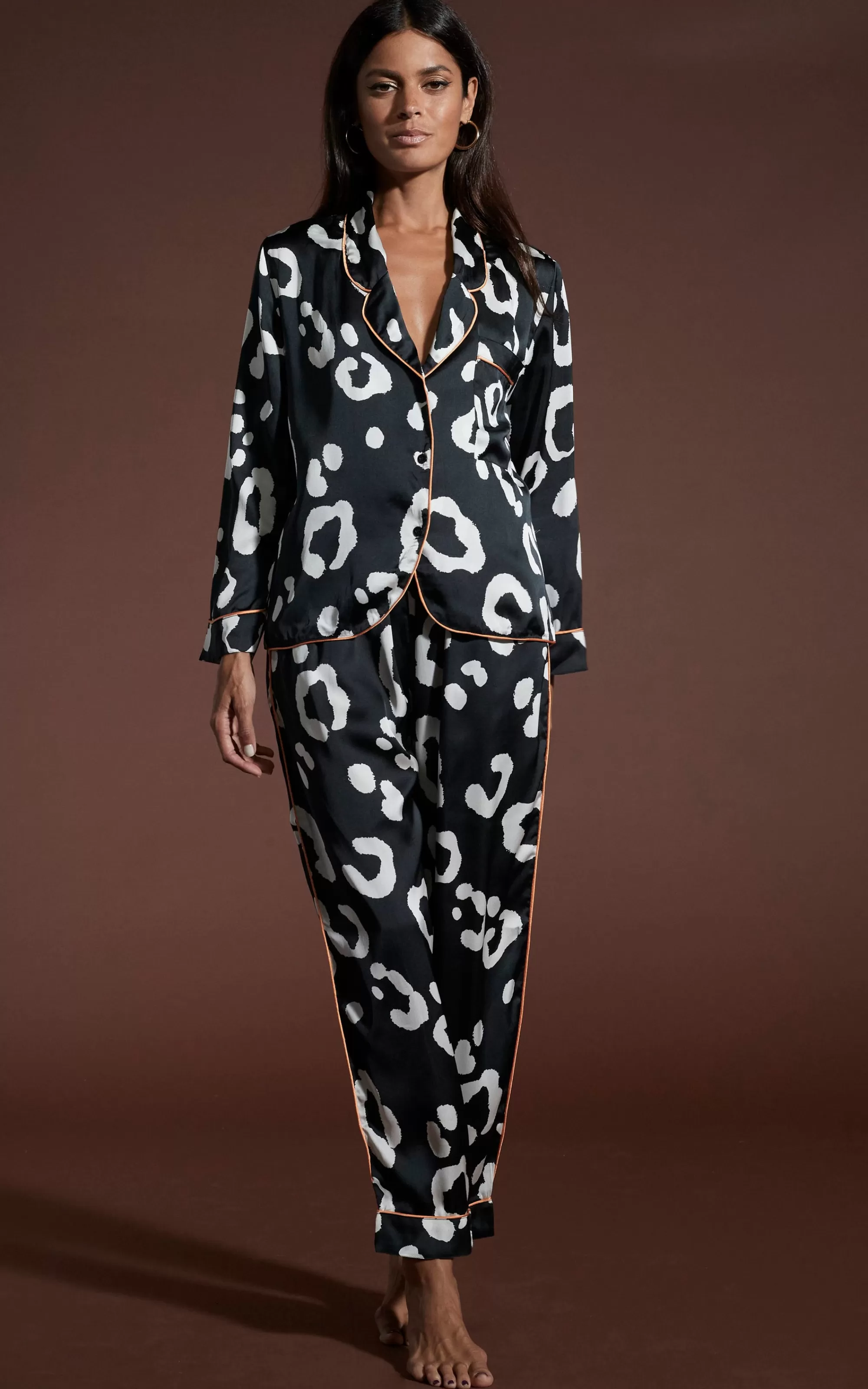 Pyjamas>Dancing Leopard Cosmos Satin Long Leg Pj Set In Oversized Mono Leopard