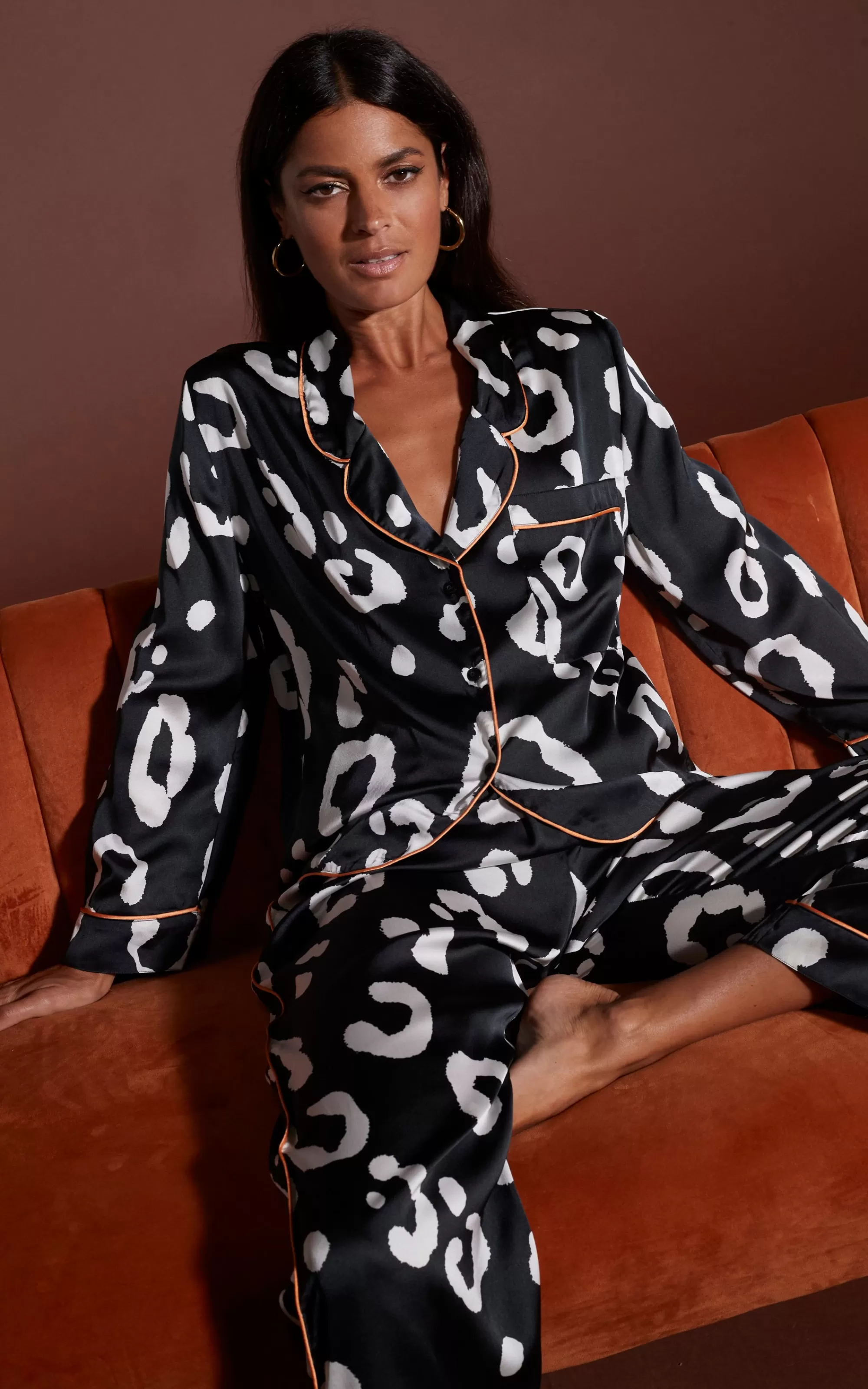 Pyjamas>Dancing Leopard Cosmos Satin Long Leg Pj Set In Oversized Mono Leopard