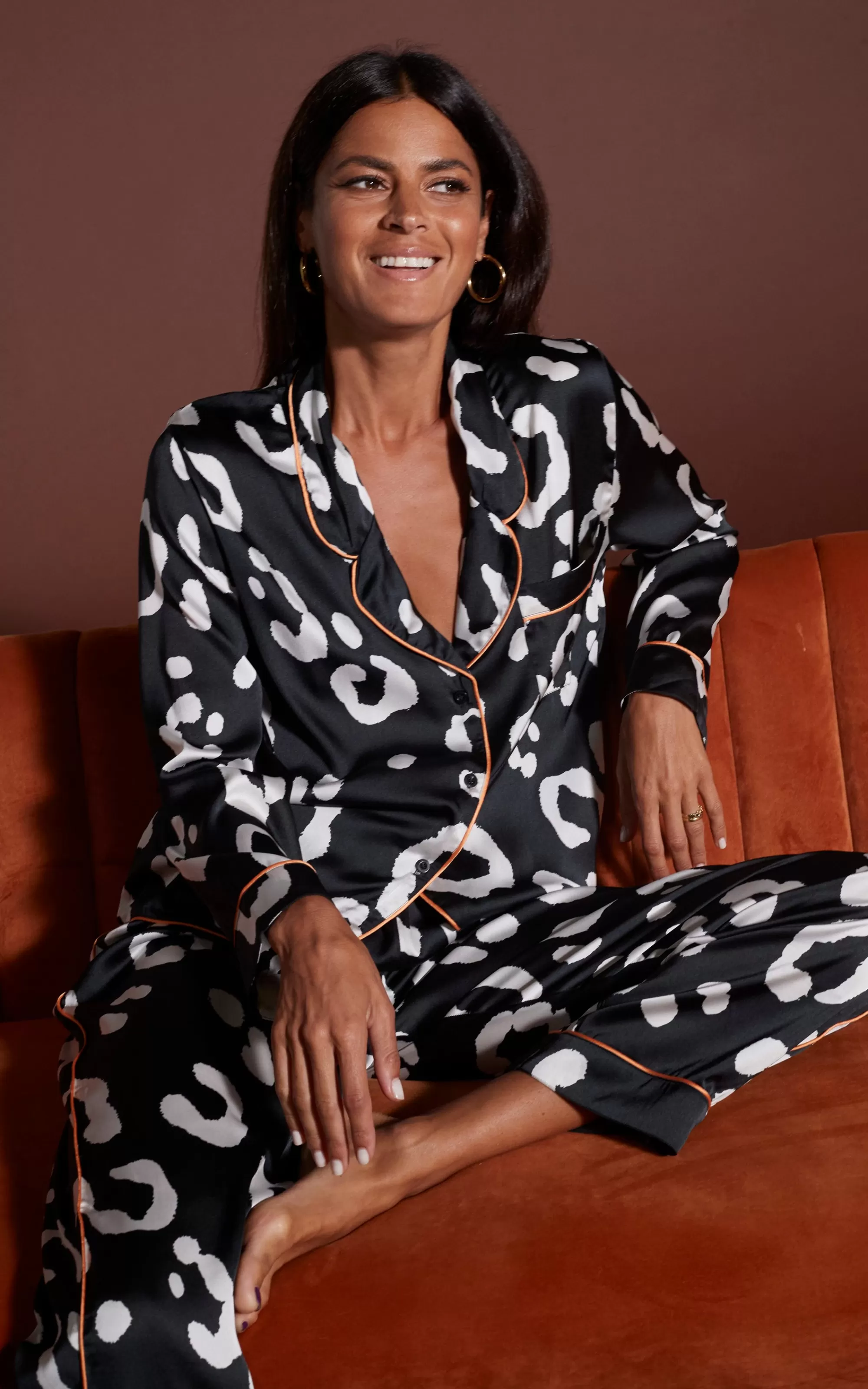 Pyjamas>Dancing Leopard Cosmos Satin Long Leg Pj Set In Oversized Mono Leopard