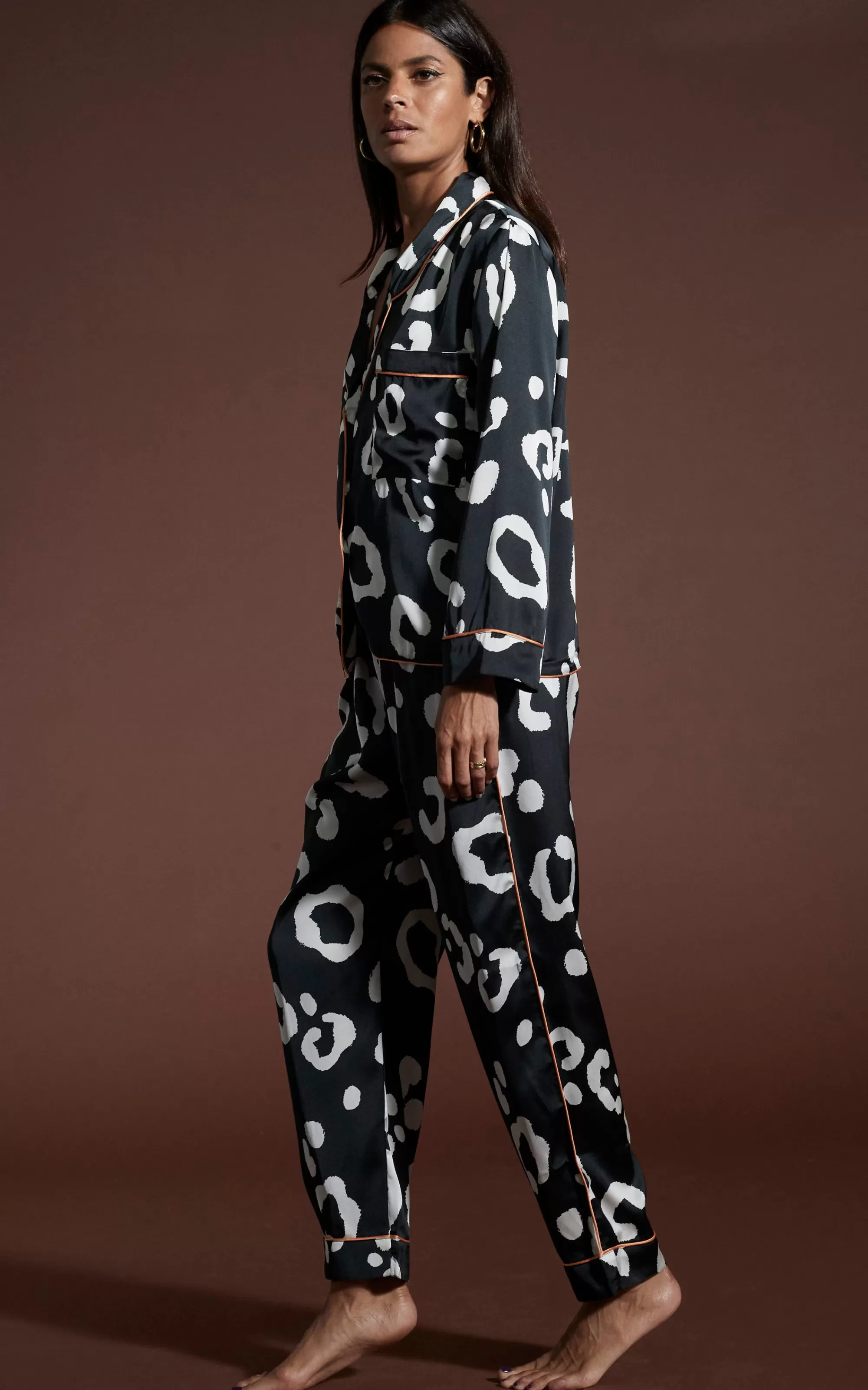 Pyjamas>Dancing Leopard Cosmos Satin Long Leg Pj Set In Oversized Mono Leopard