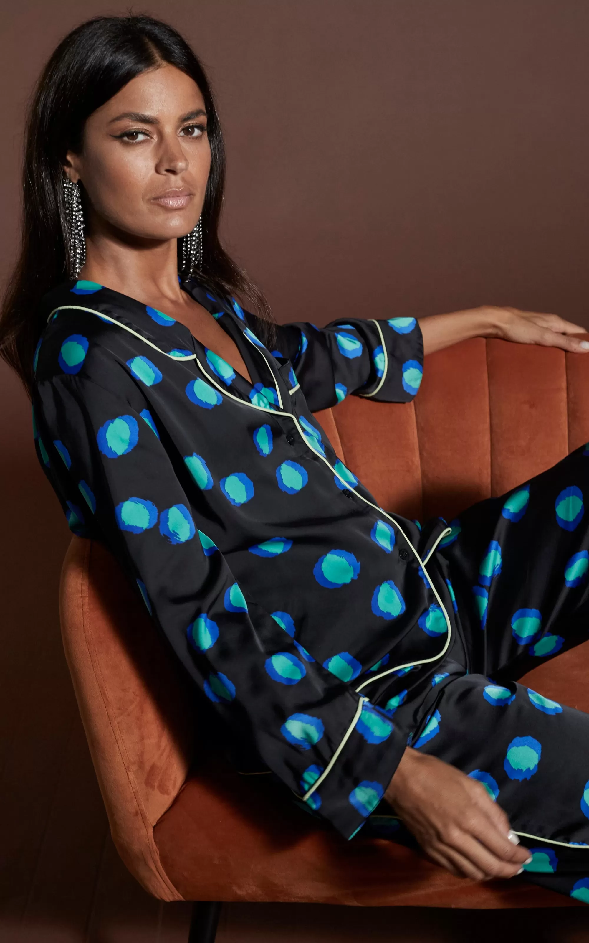 Pyjamas>Dancing Leopard Cosmos Satin Long Leg Pj Set In Polka Dot Blue On Black