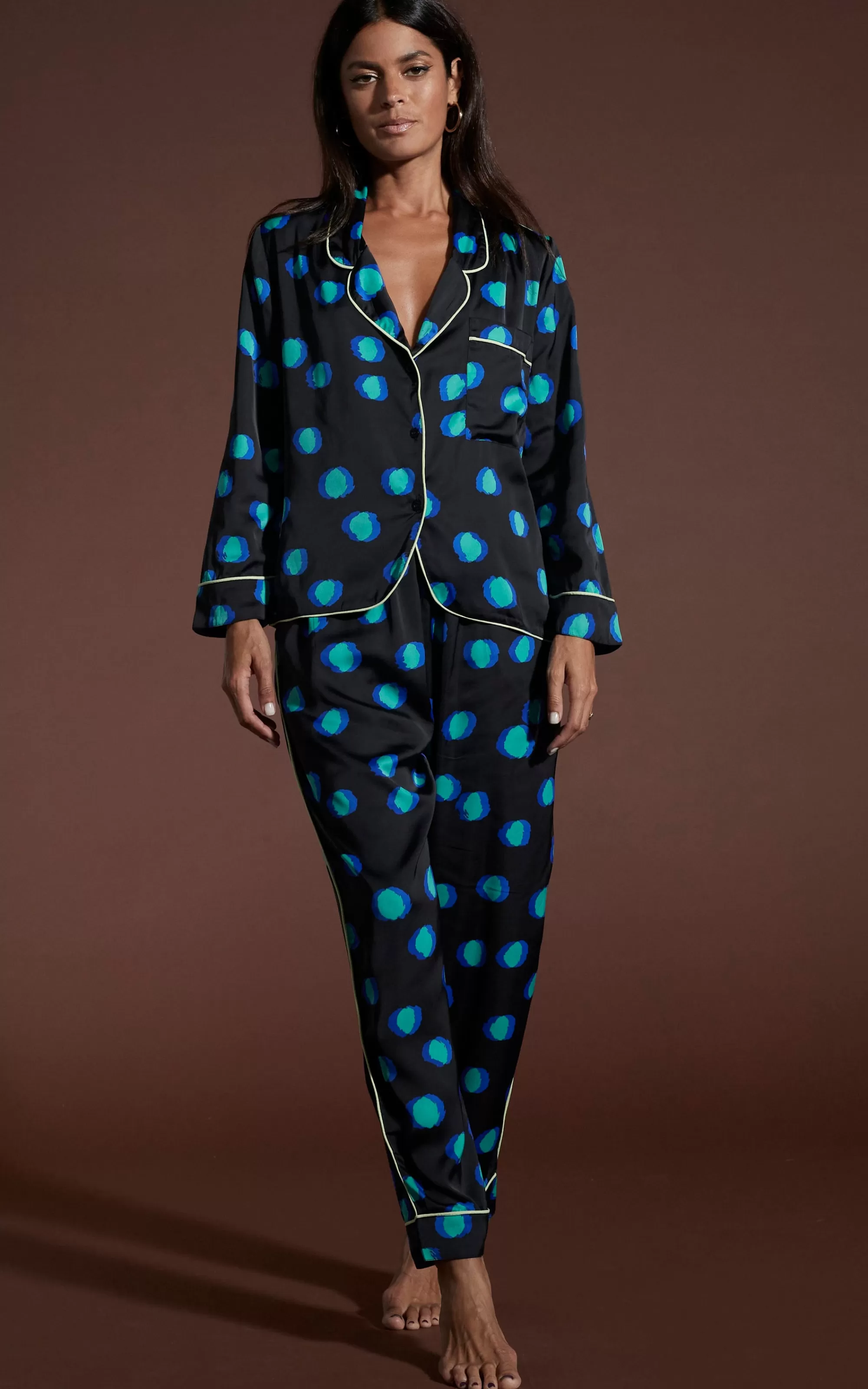 Pyjamas>Dancing Leopard Cosmos Satin Long Leg Pj Set In Polka Dot Blue On Black