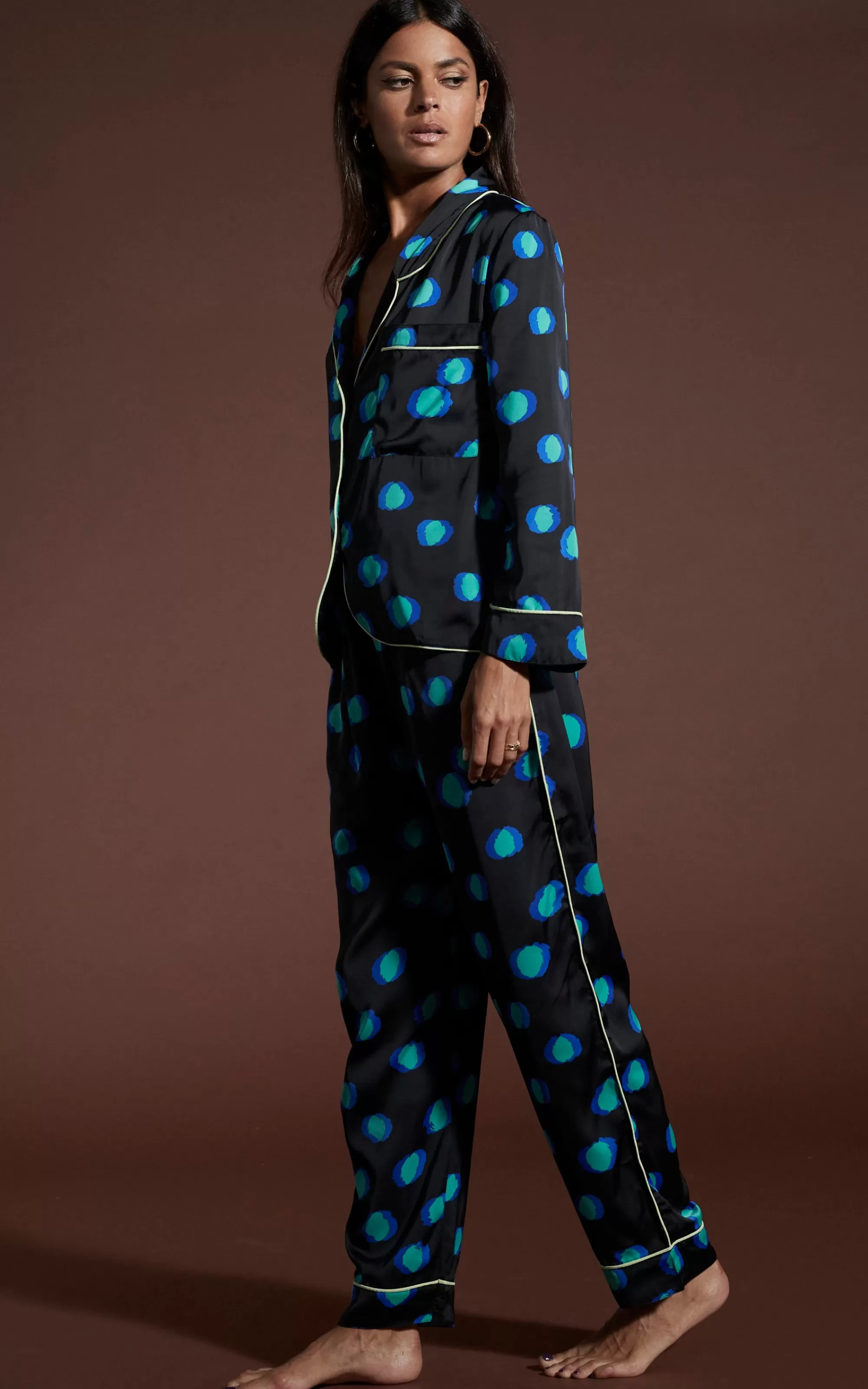 Pyjamas>Dancing Leopard Cosmos Satin Long Leg Pj Set In Polka Dot Blue On Black