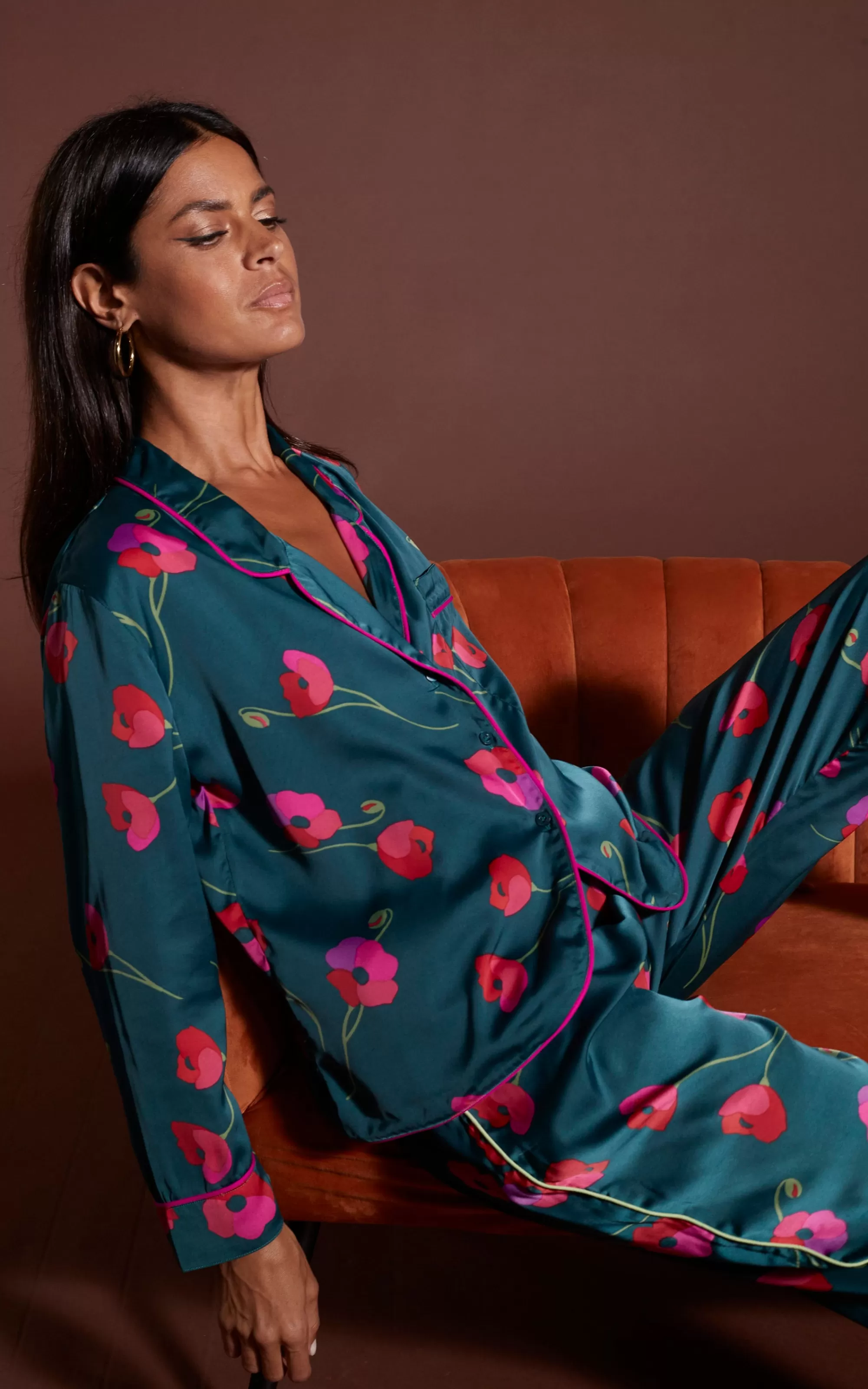 Pyjamas>Dancing Leopard Cosmos Satin Long Leg Pj Set In Poppies On Dark Green