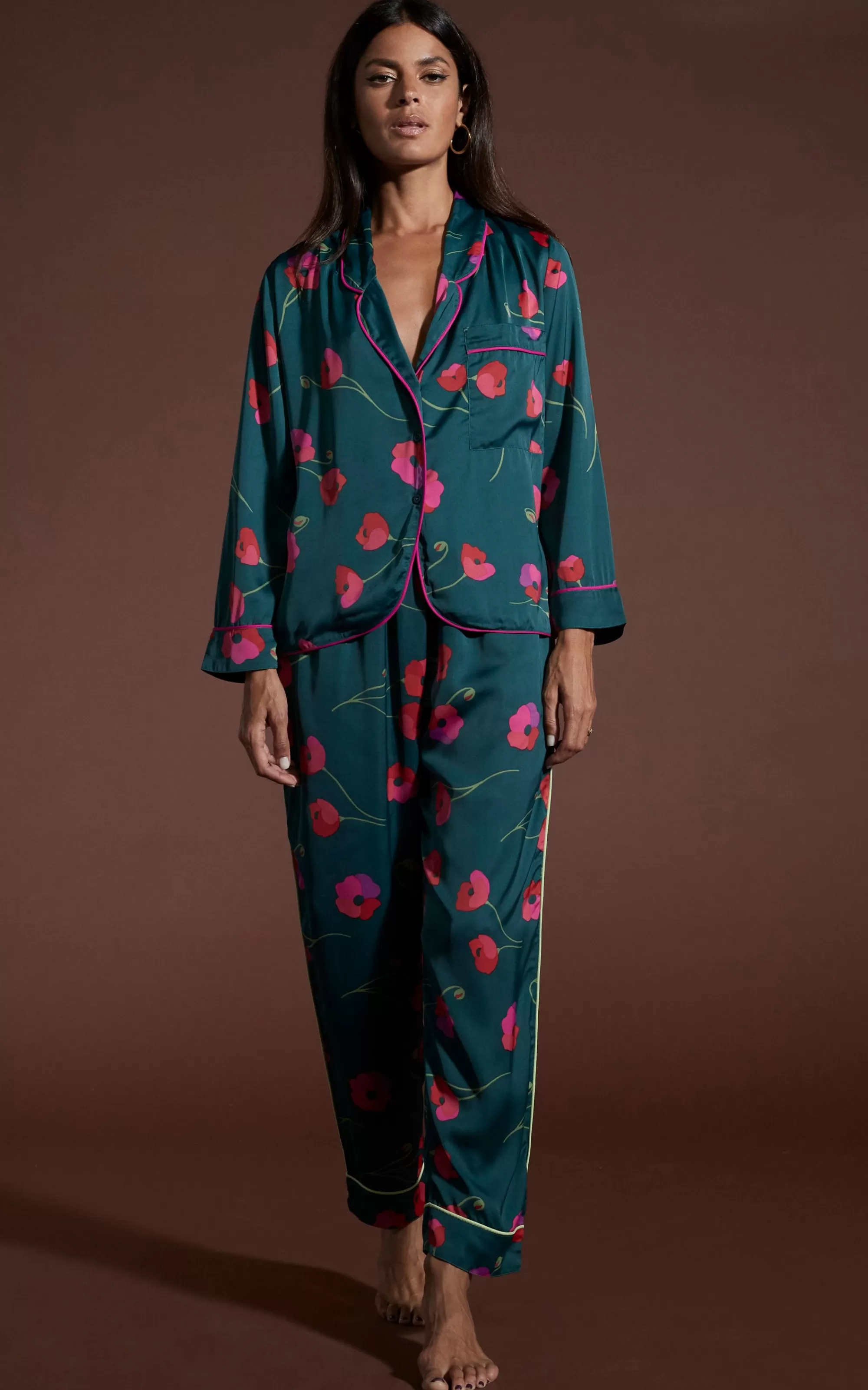 Pyjamas>Dancing Leopard Cosmos Satin Long Leg Pj Set In Poppies On Dark Green