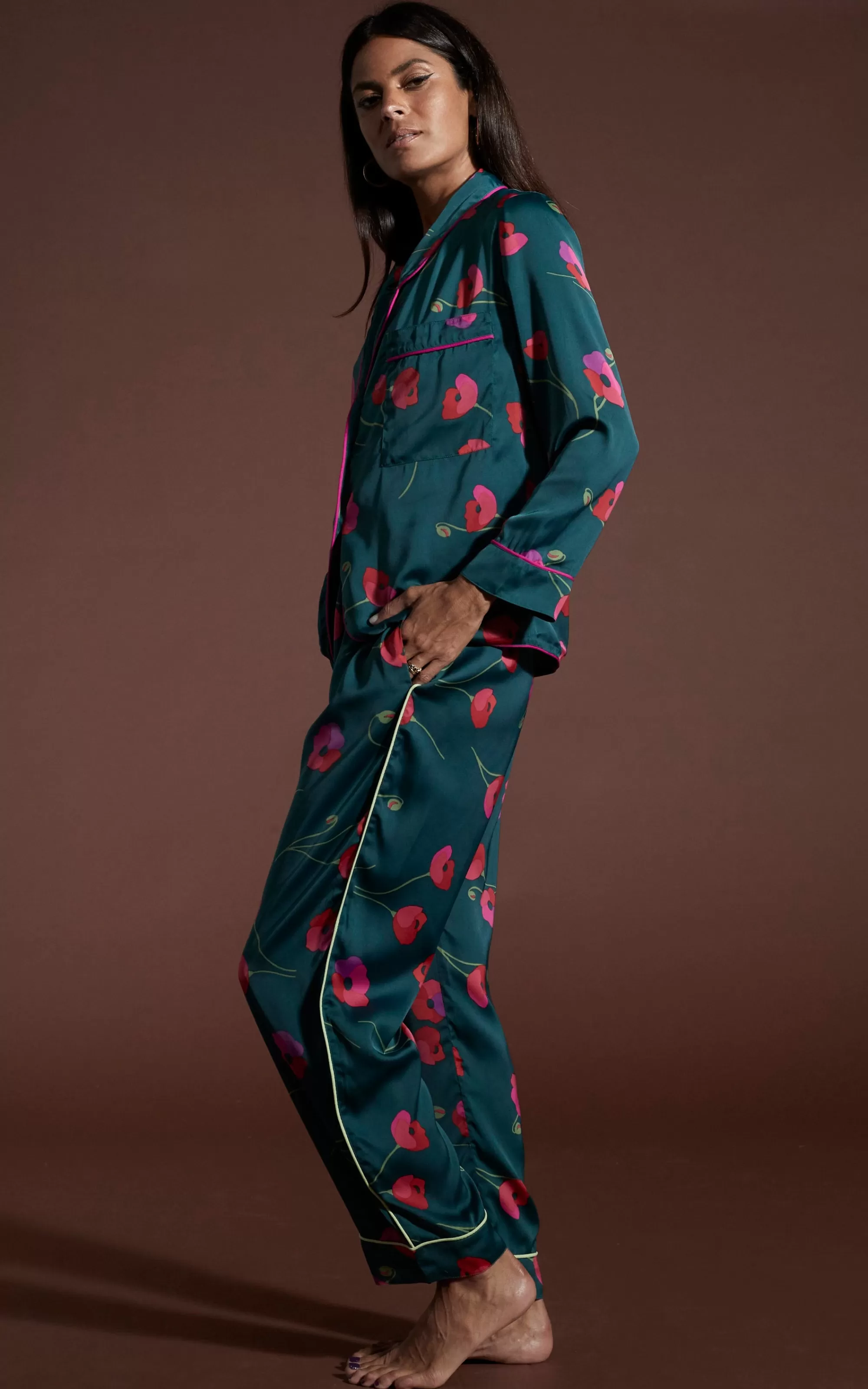 Pyjamas>Dancing Leopard Cosmos Satin Long Leg Pj Set In Poppies On Dark Green