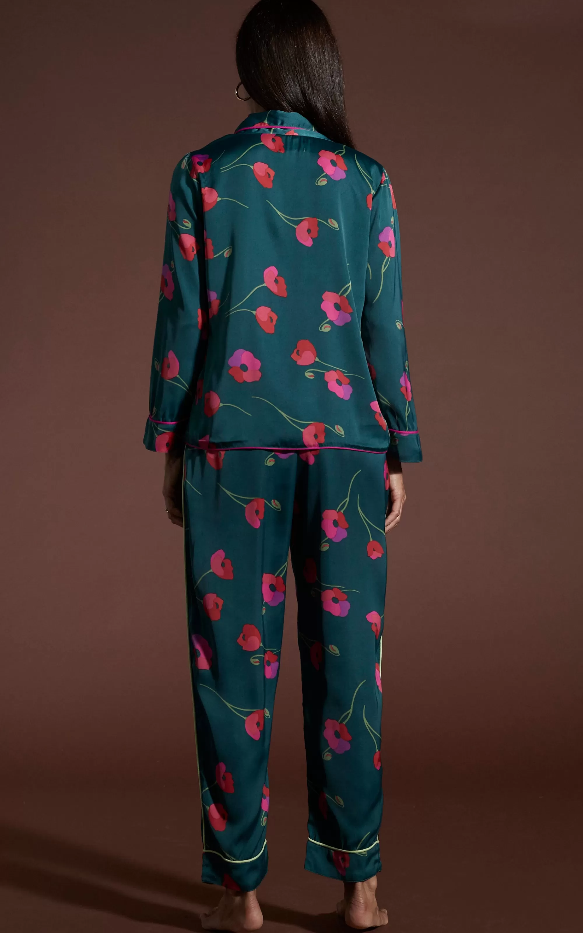 Pyjamas>Dancing Leopard Cosmos Satin Long Leg Pj Set In Poppies On Dark Green