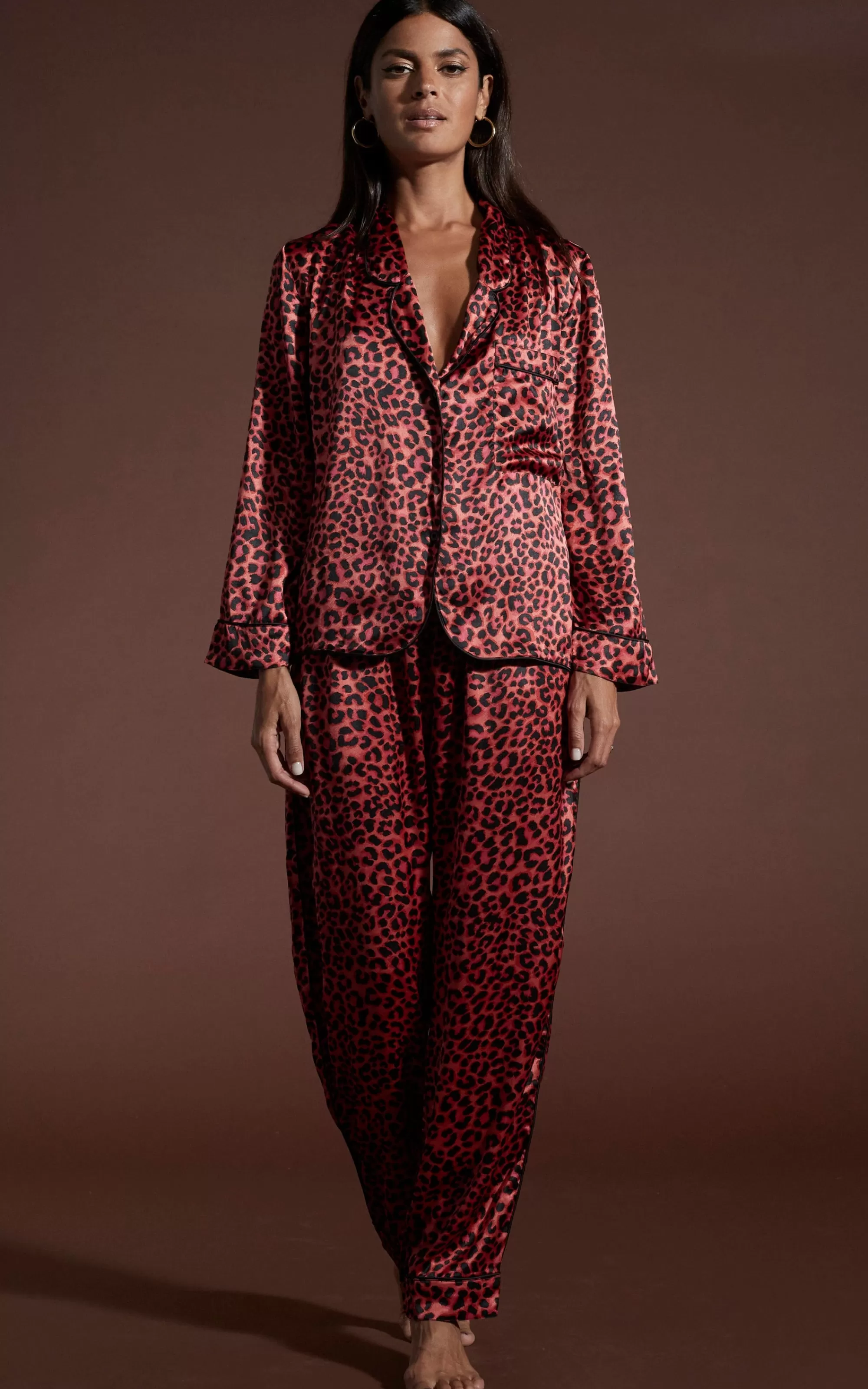Pyjamas>Dancing Leopard Cosmos Satin Long Leg Pj Set In Ruby Red Leopard