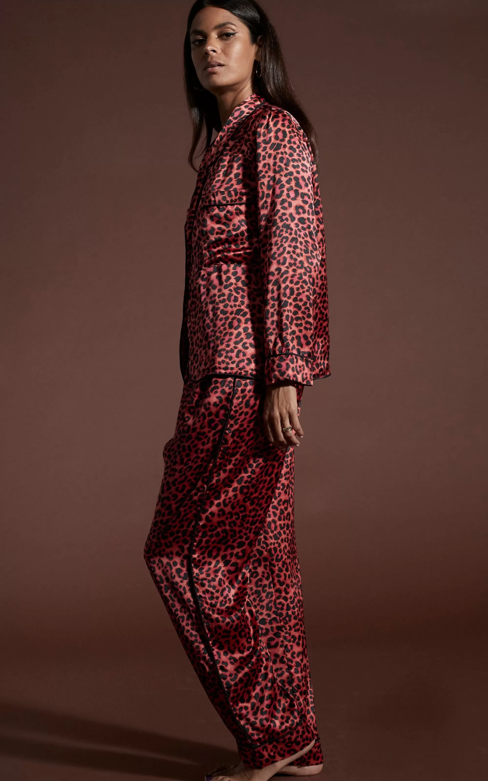 Pyjamas>Dancing Leopard Cosmos Satin Long Leg Pj Set In Ruby Red Leopard