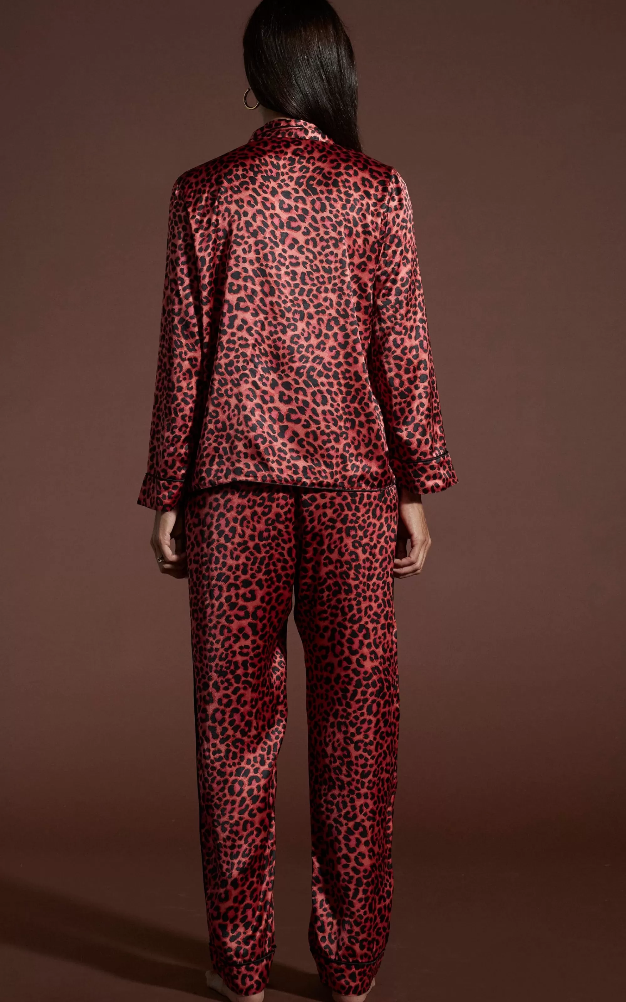 Pyjamas>Dancing Leopard Cosmos Satin Long Leg Pj Set In Ruby Red Leopard