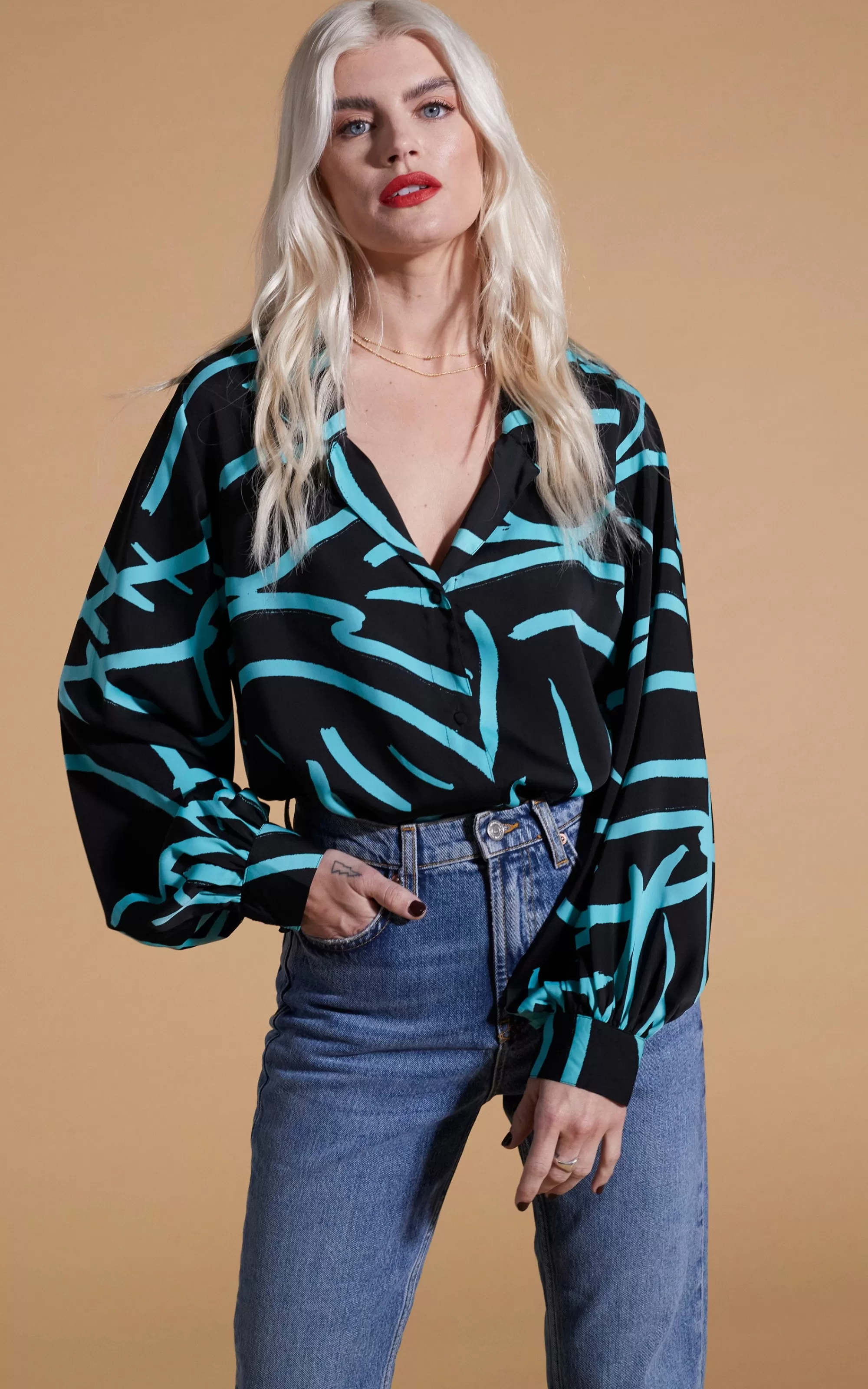 Shirts>Dancing Leopard Dixie Balloon Sleeve Shirt In Blue Strokes On Black