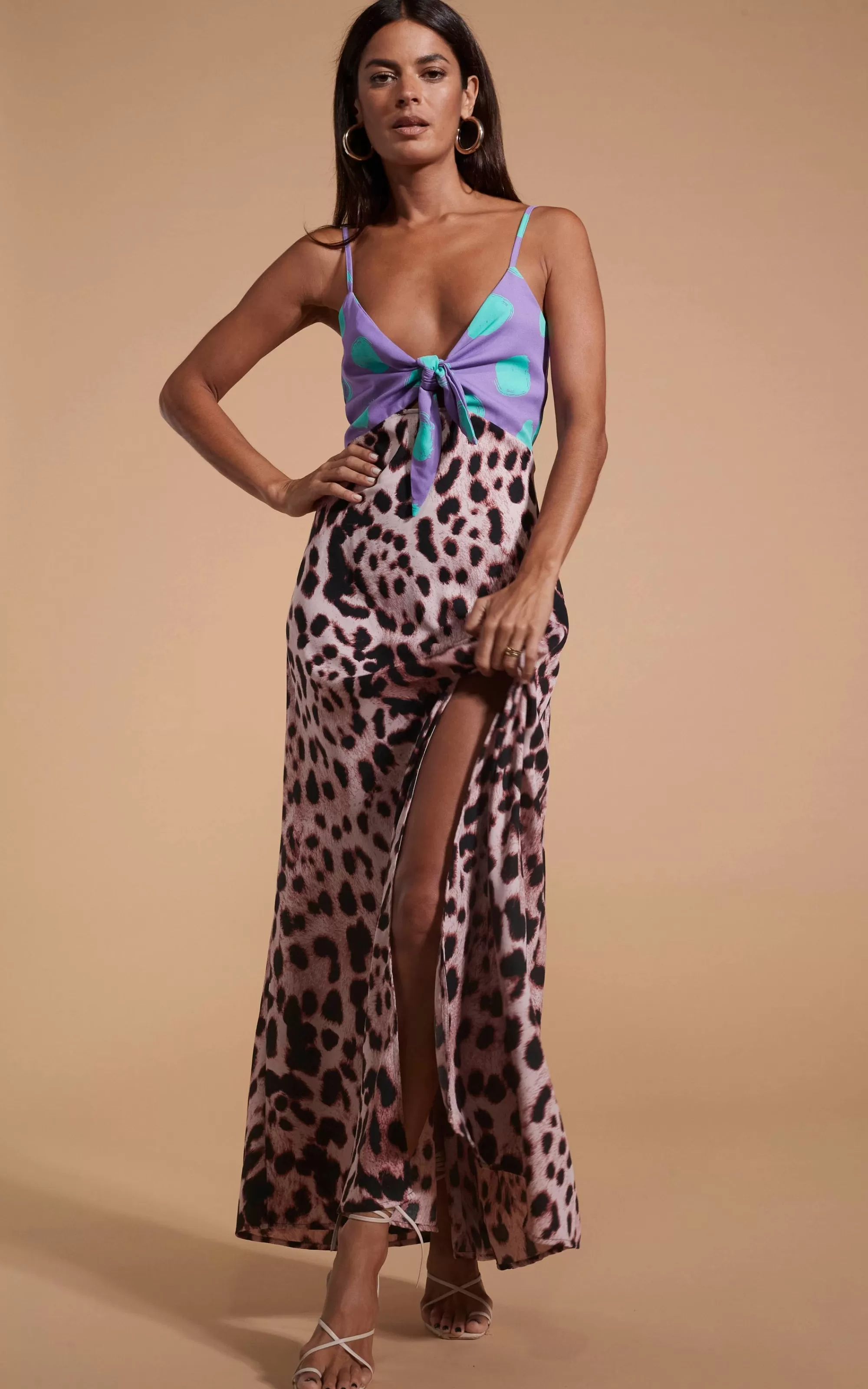 Dresses>Dancing Leopard Florence Dress In Green On Purple Dot & Blush Leopard