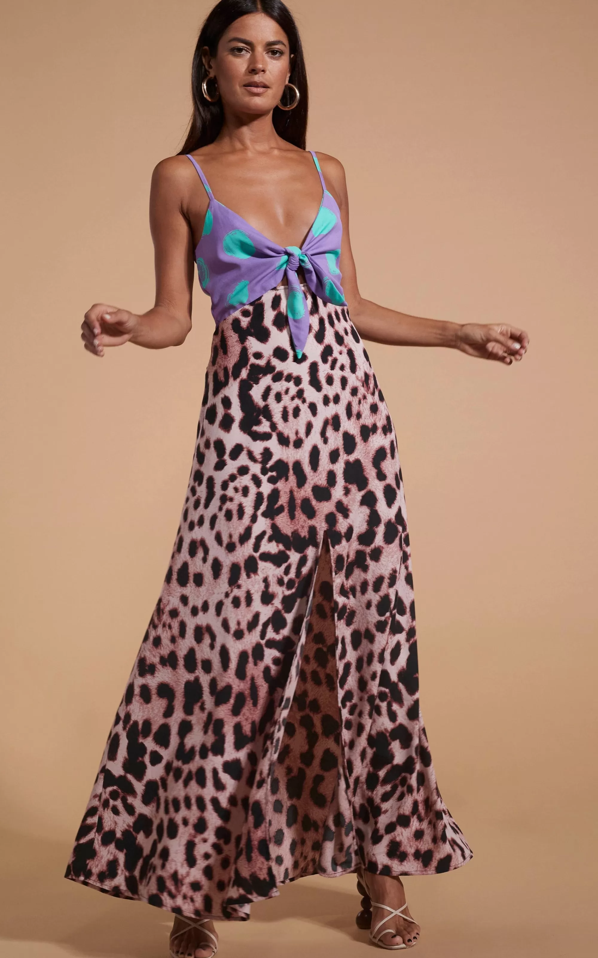 Dresses>Dancing Leopard Florence Dress In Green On Purple Dot & Blush Leopard