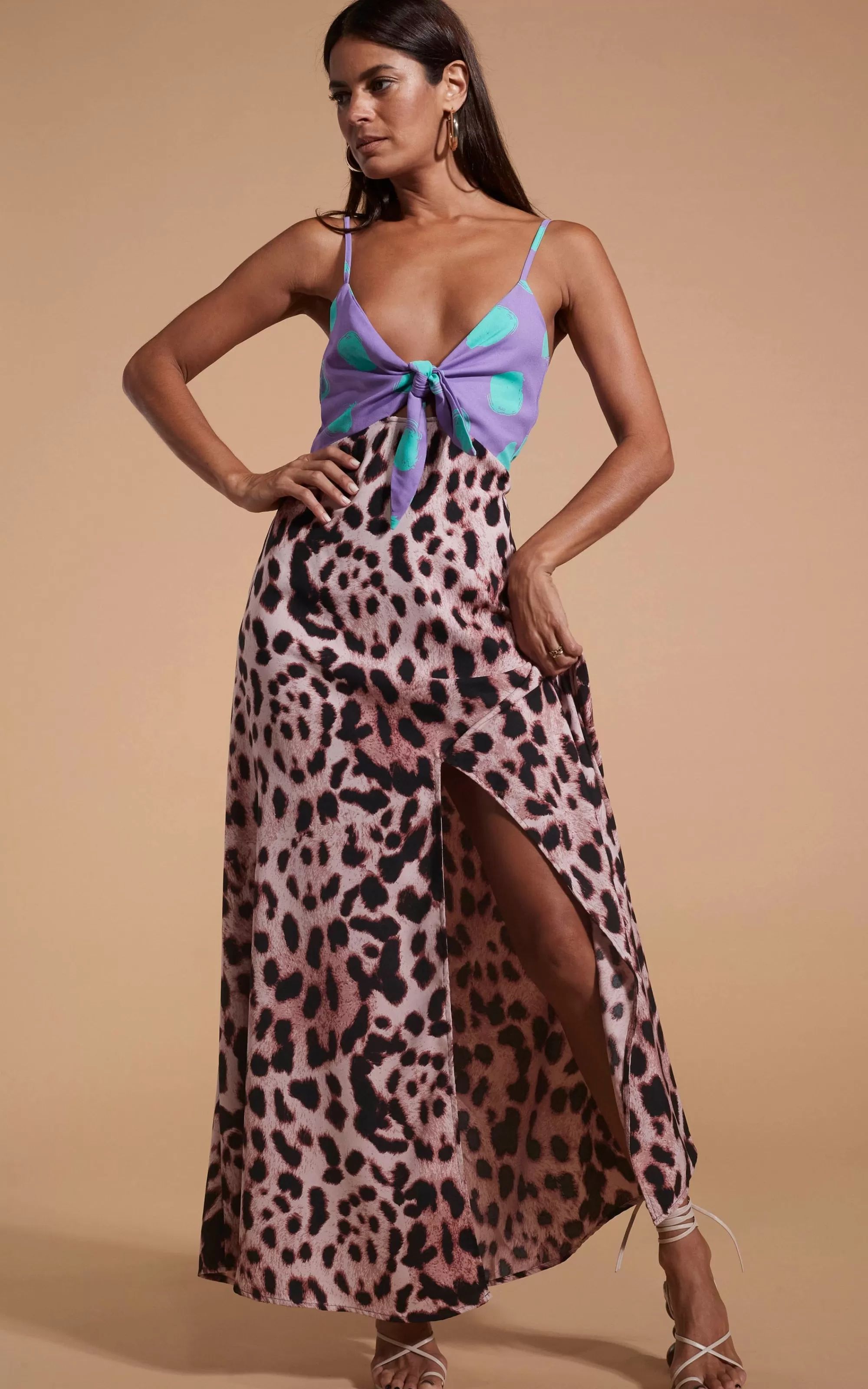Dresses>Dancing Leopard Florence Dress In Green On Purple Dot & Blush Leopard