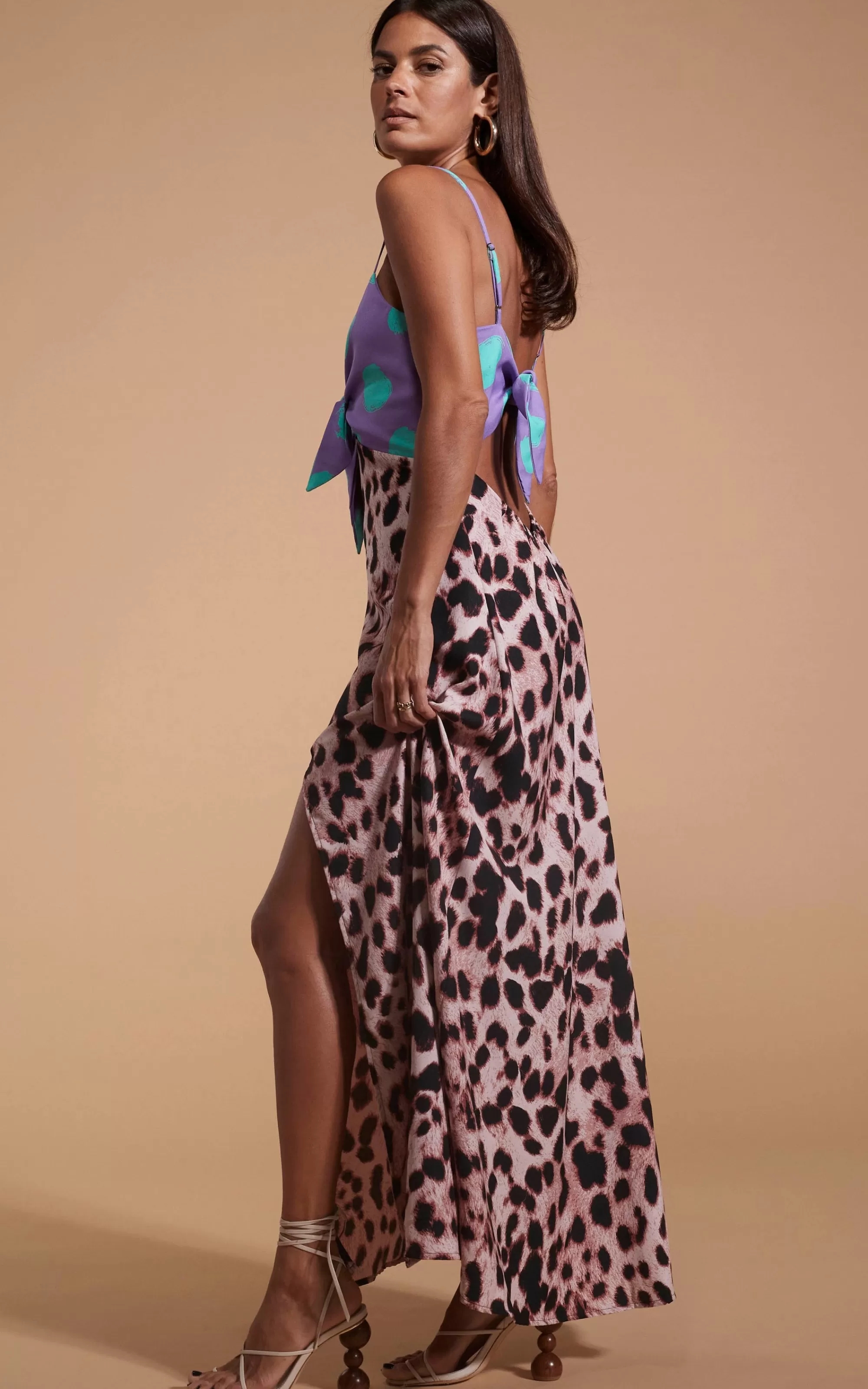 Dresses>Dancing Leopard Florence Dress In Green On Purple Dot & Blush Leopard