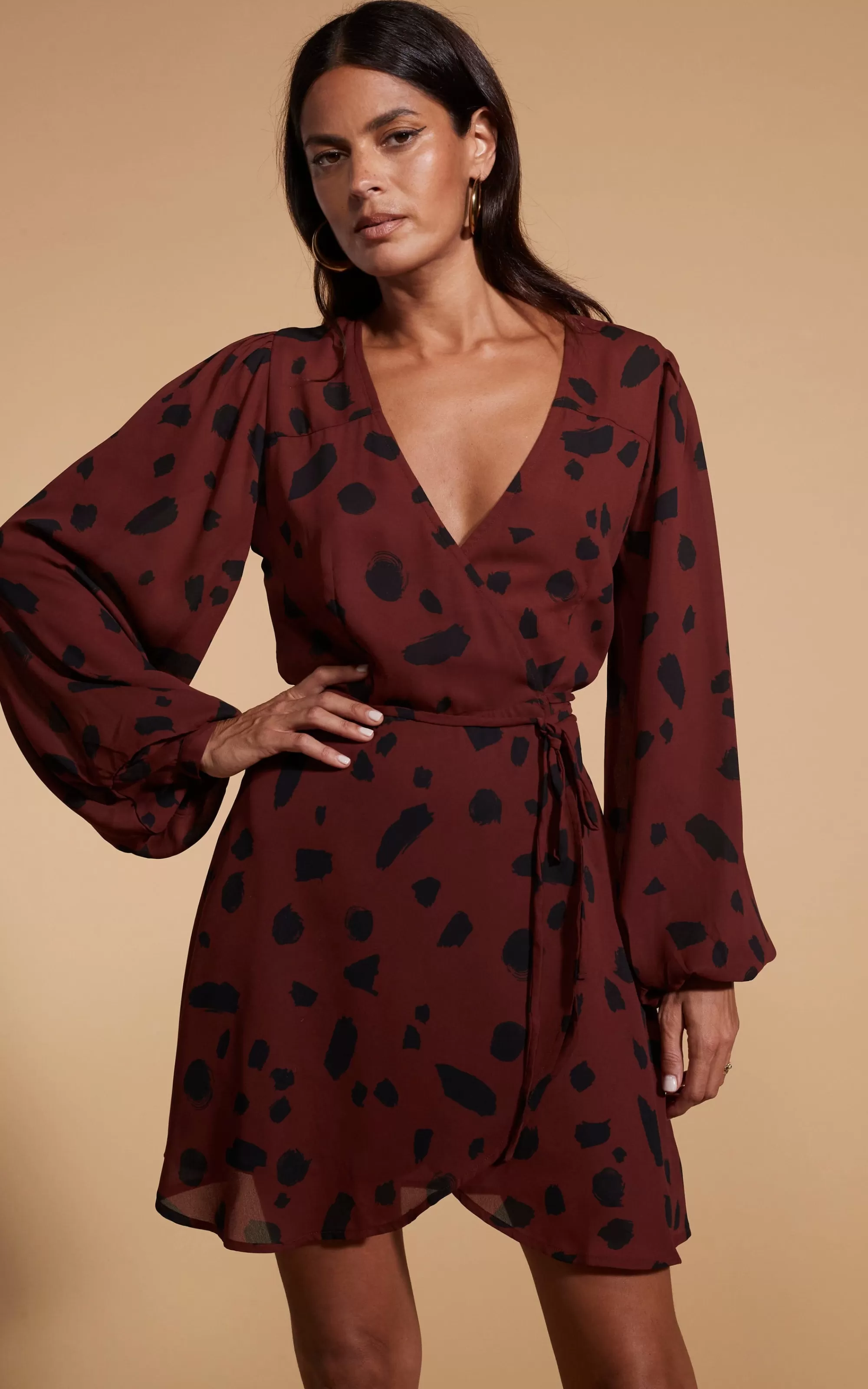 Dresses>Dancing Leopard Ginger Mini Wrap Dress In Abstract Dot Black On Rust