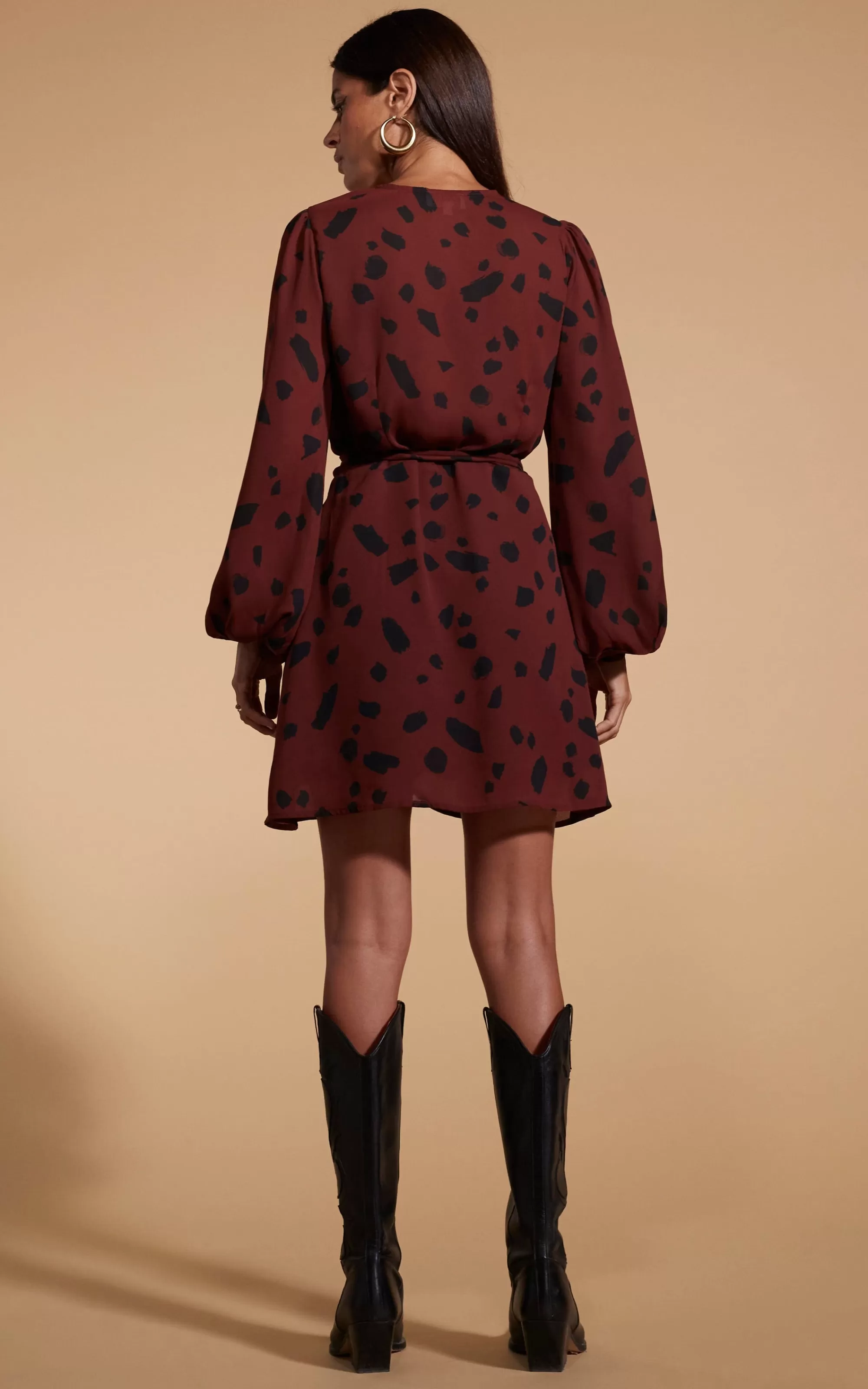 Dresses>Dancing Leopard Ginger Mini Wrap Dress In Abstract Dot Black On Rust