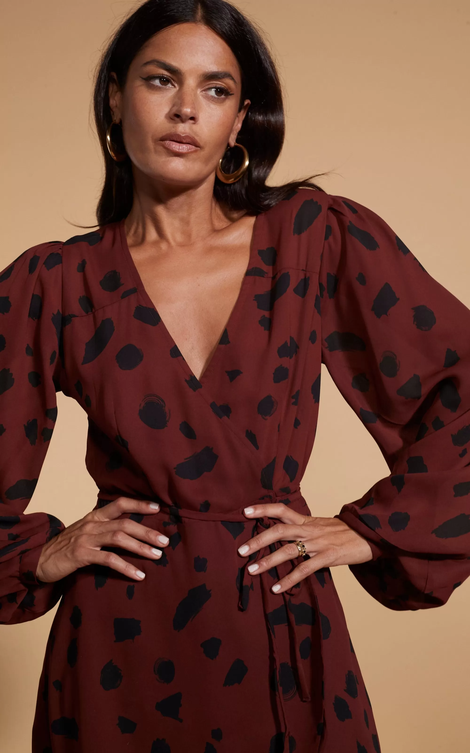 Dresses>Dancing Leopard Ginger Mini Wrap Dress In Abstract Dot Black On Rust