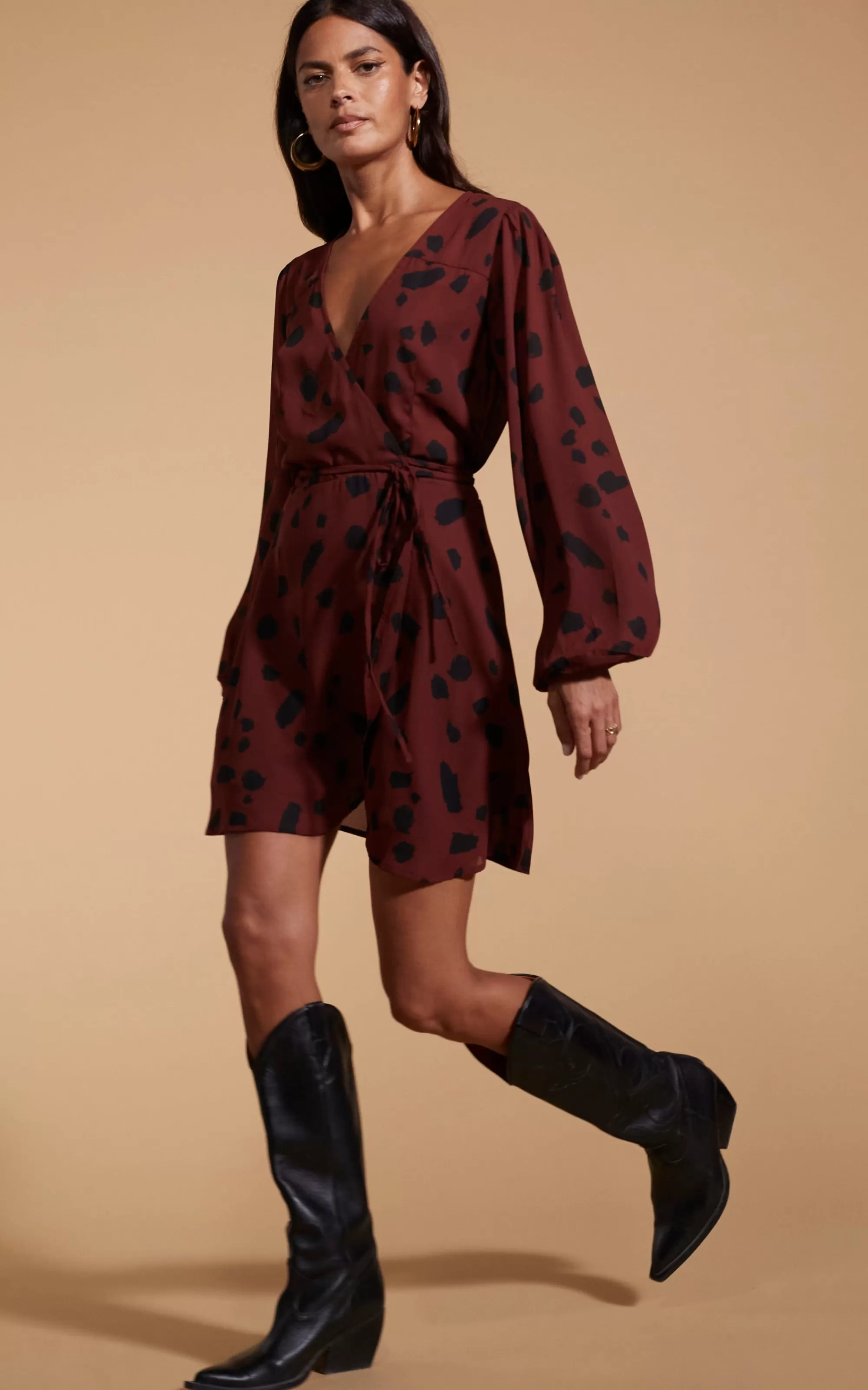 Dresses>Dancing Leopard Ginger Mini Wrap Dress In Abstract Dot Black On Rust