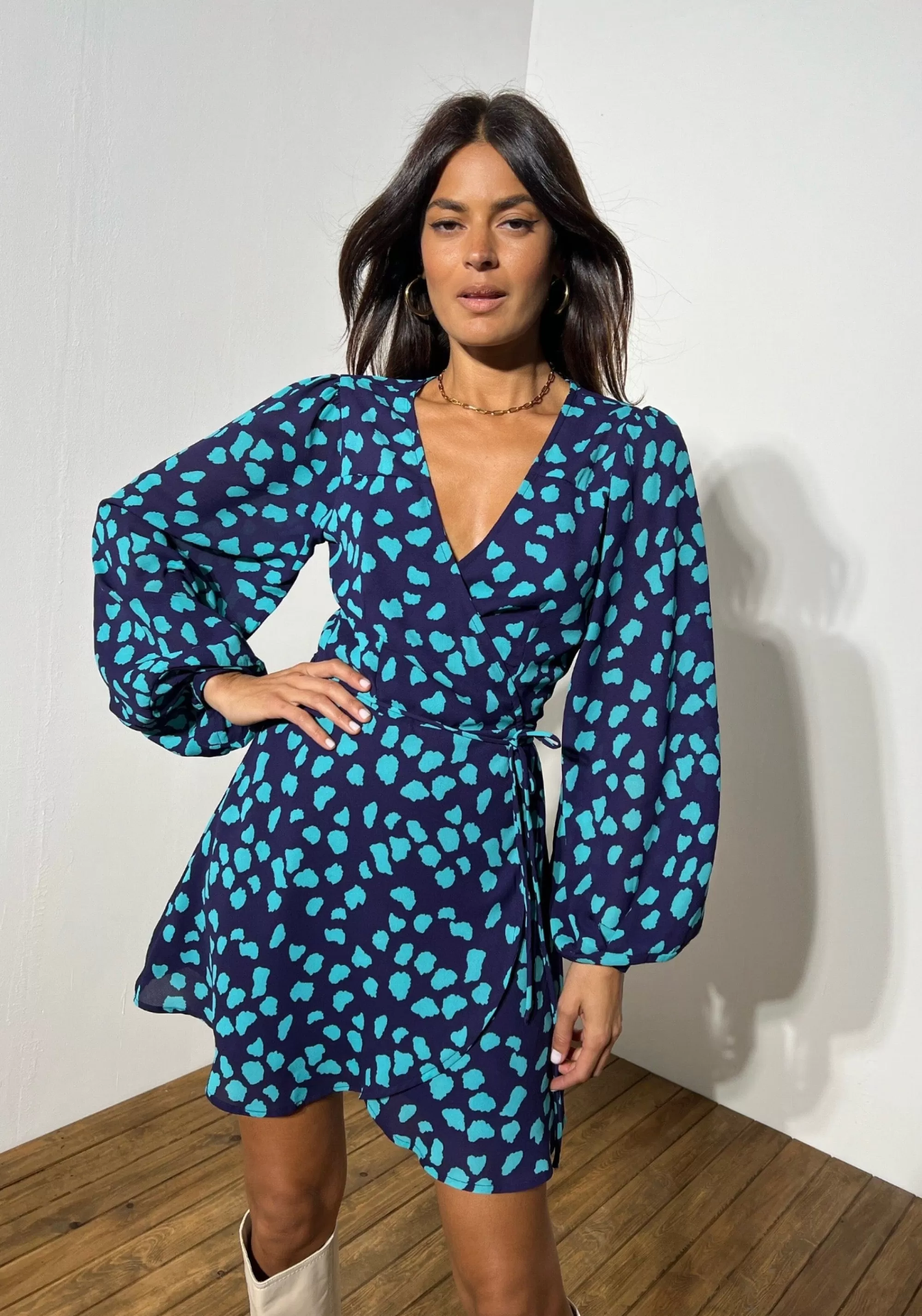 Dresses>Dancing Leopard Ginger Mini Wrap Dress In Ice Blue On Navy Cloud