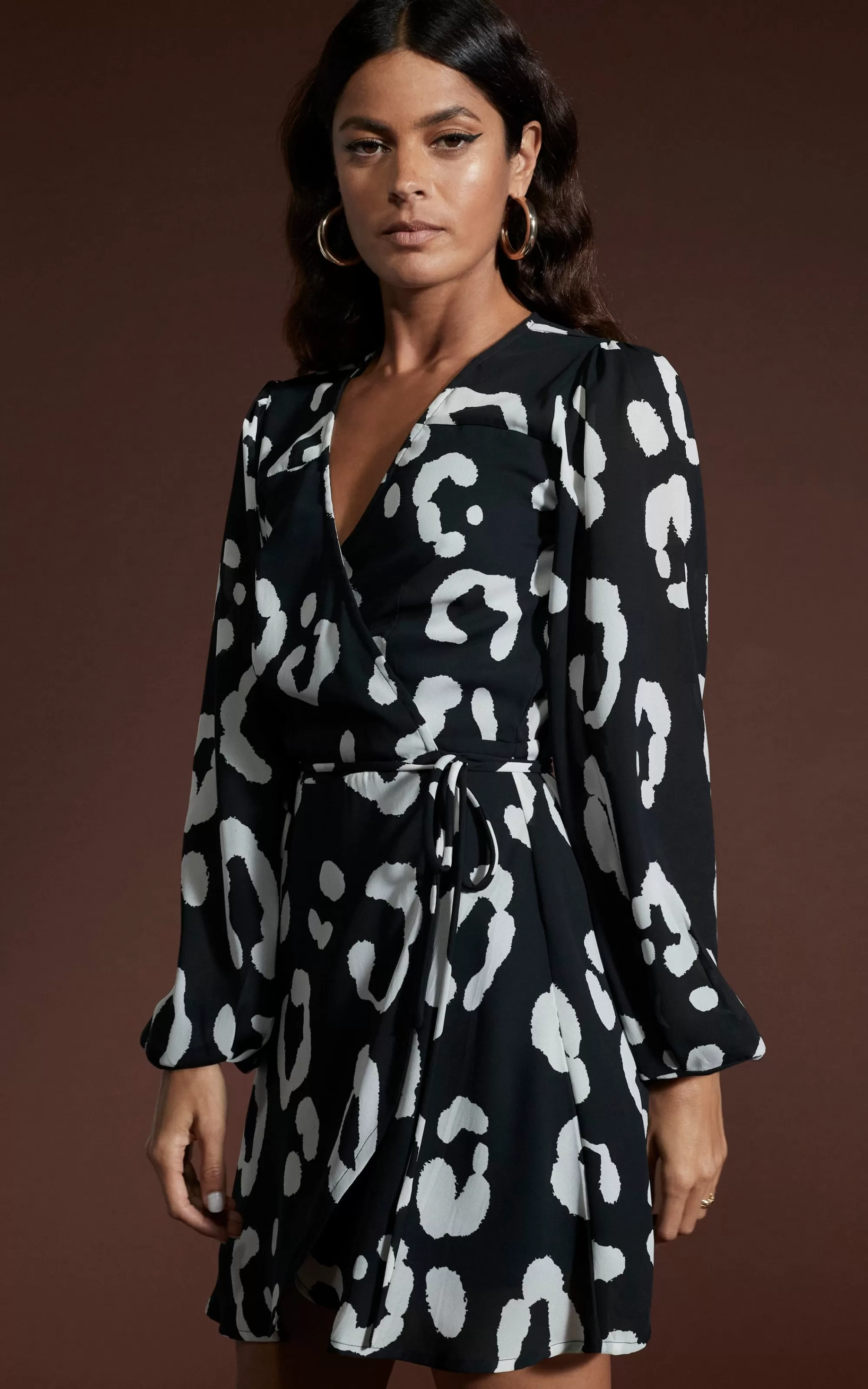 Dresses>Dancing Leopard Ginger Mini Wrap Dress In Oversized Mono Leopard