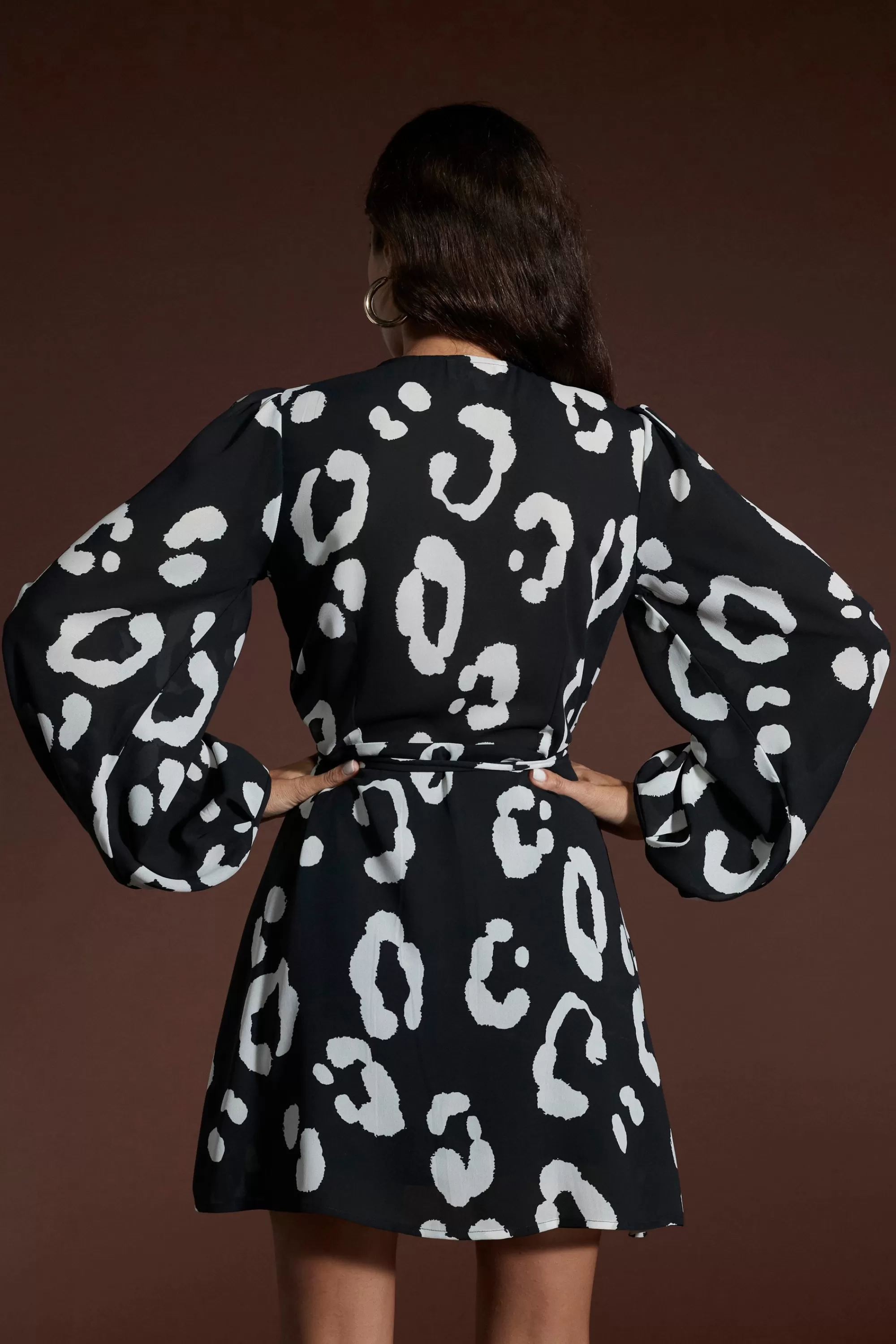 Dresses>Dancing Leopard Ginger Mini Wrap Dress In Oversized Mono Leopard