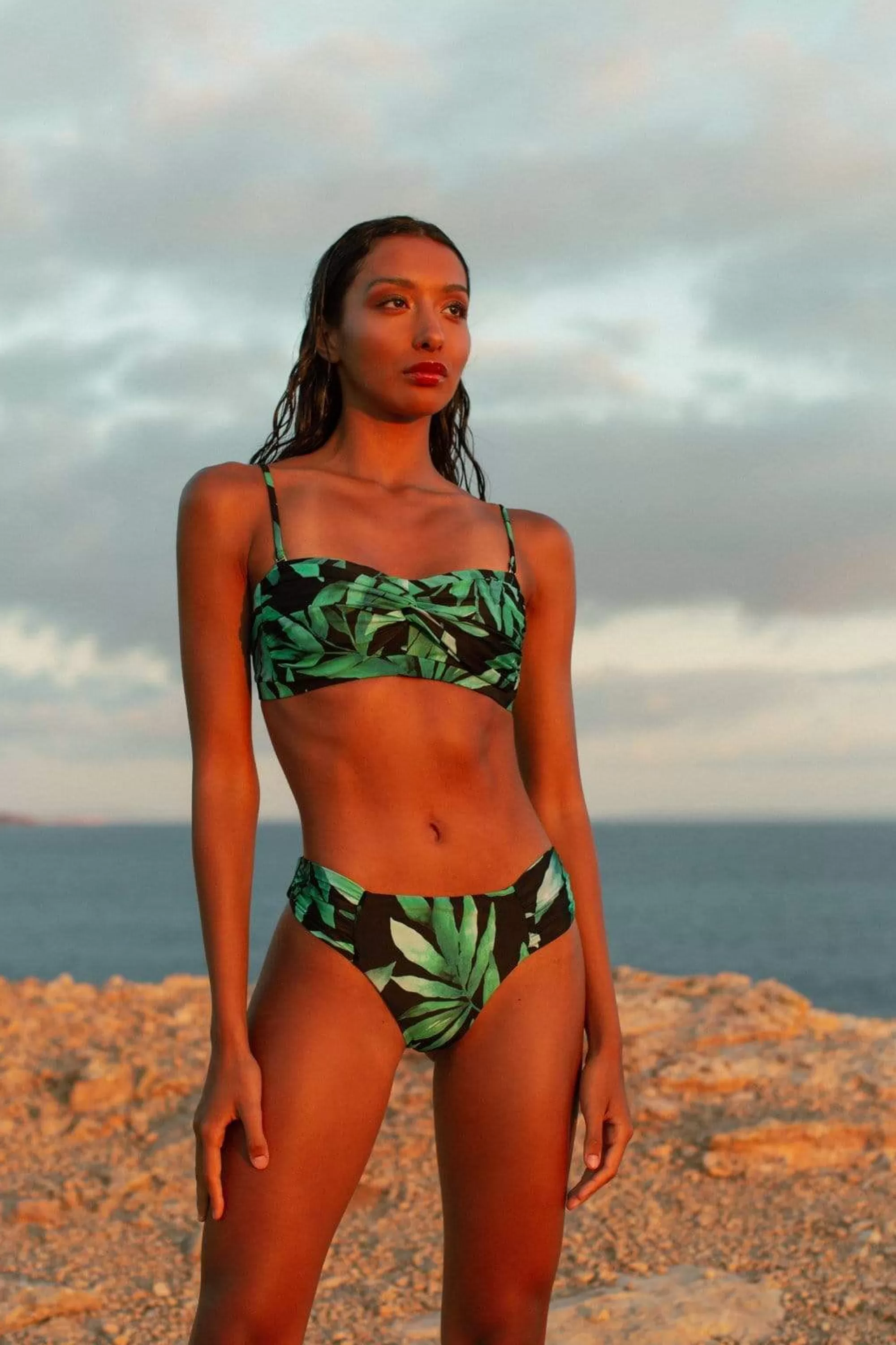 Swimwear>Dancing Leopard Halo Miyanna Ruched Brief In Watercolour Green Leaf