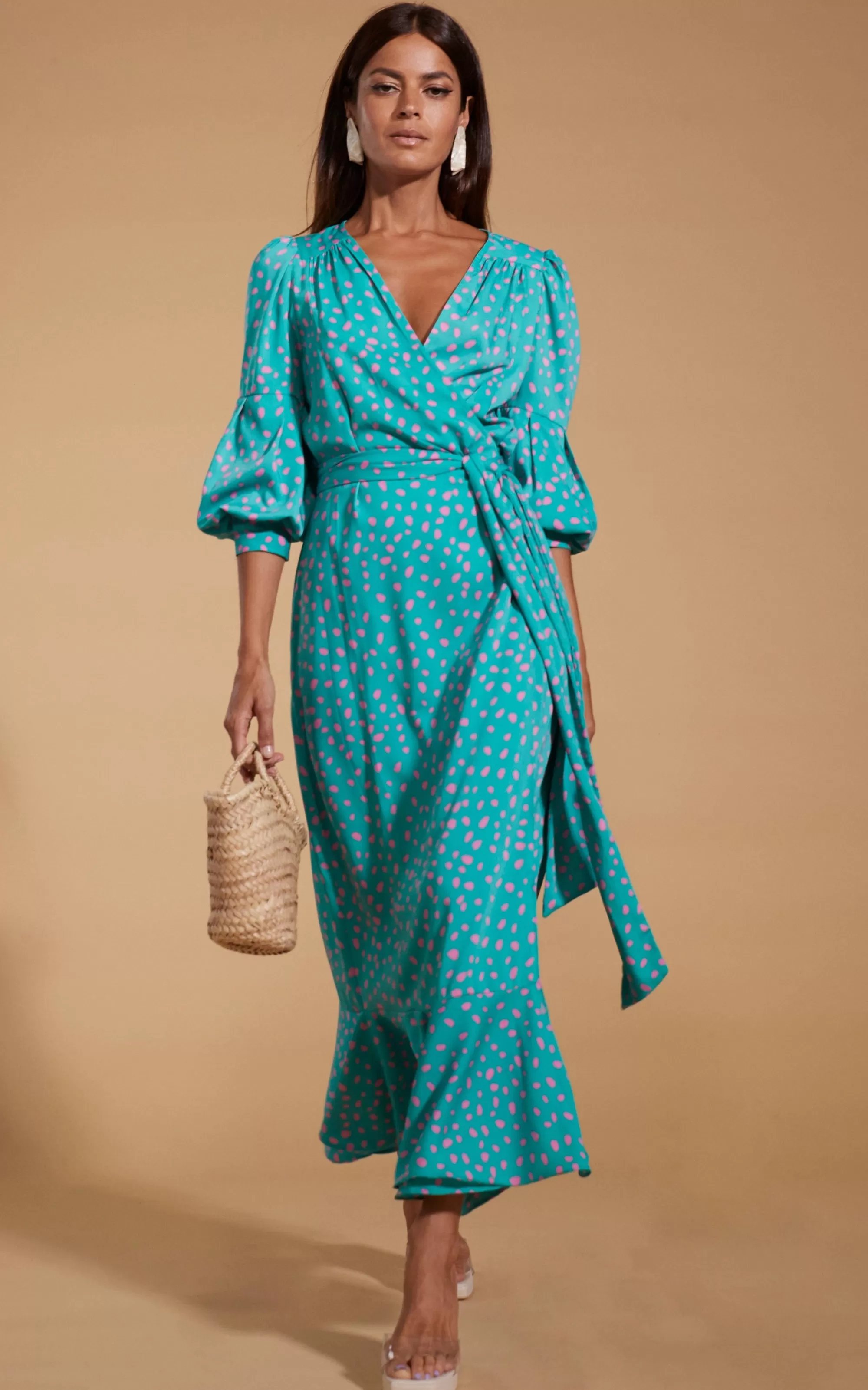 Dresses>Dancing Leopard Havannah Maxi Wrap Dress In Abstract Pink On Sea Green