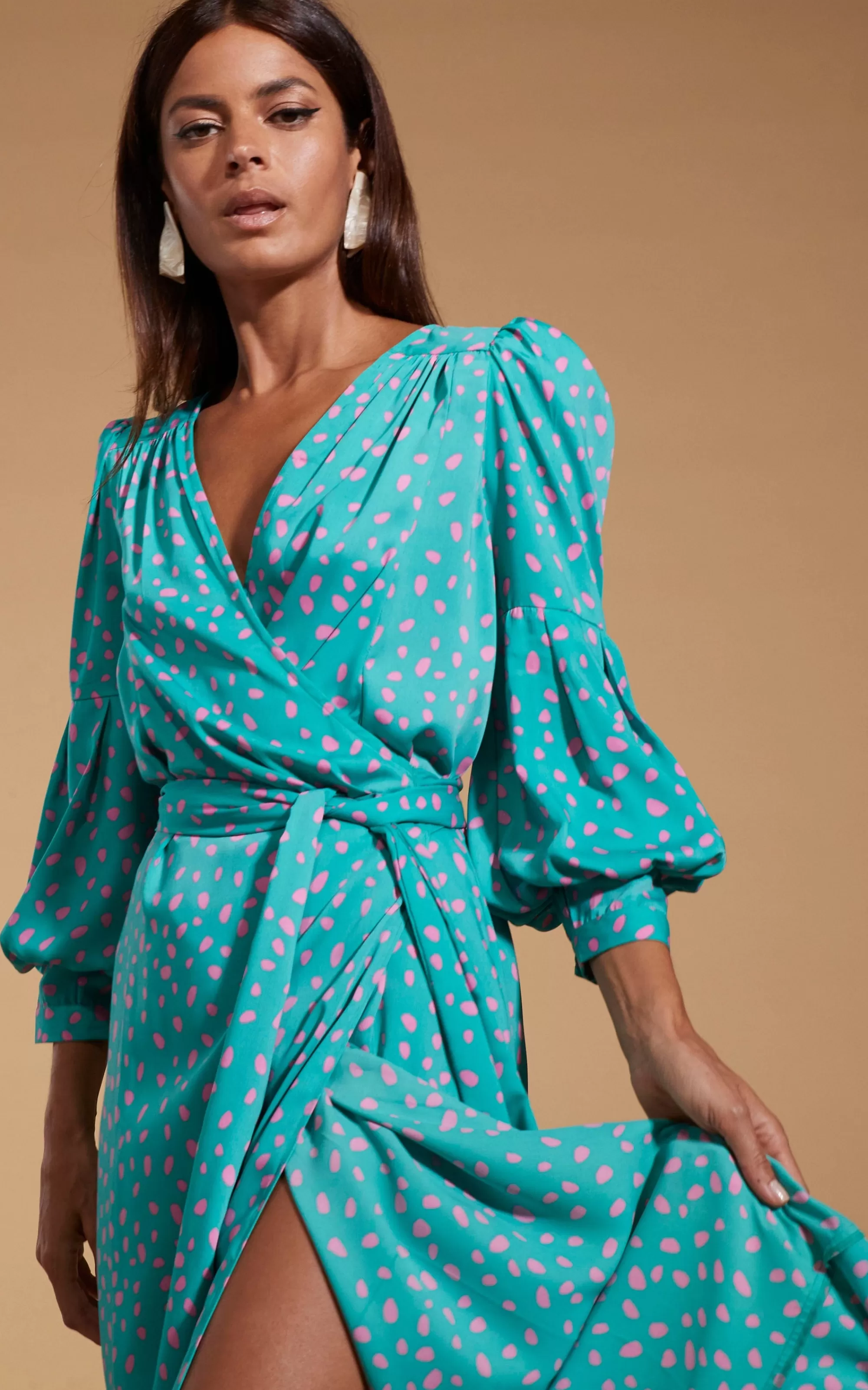 Dresses>Dancing Leopard Havannah Maxi Wrap Dress In Abstract Pink On Sea Green