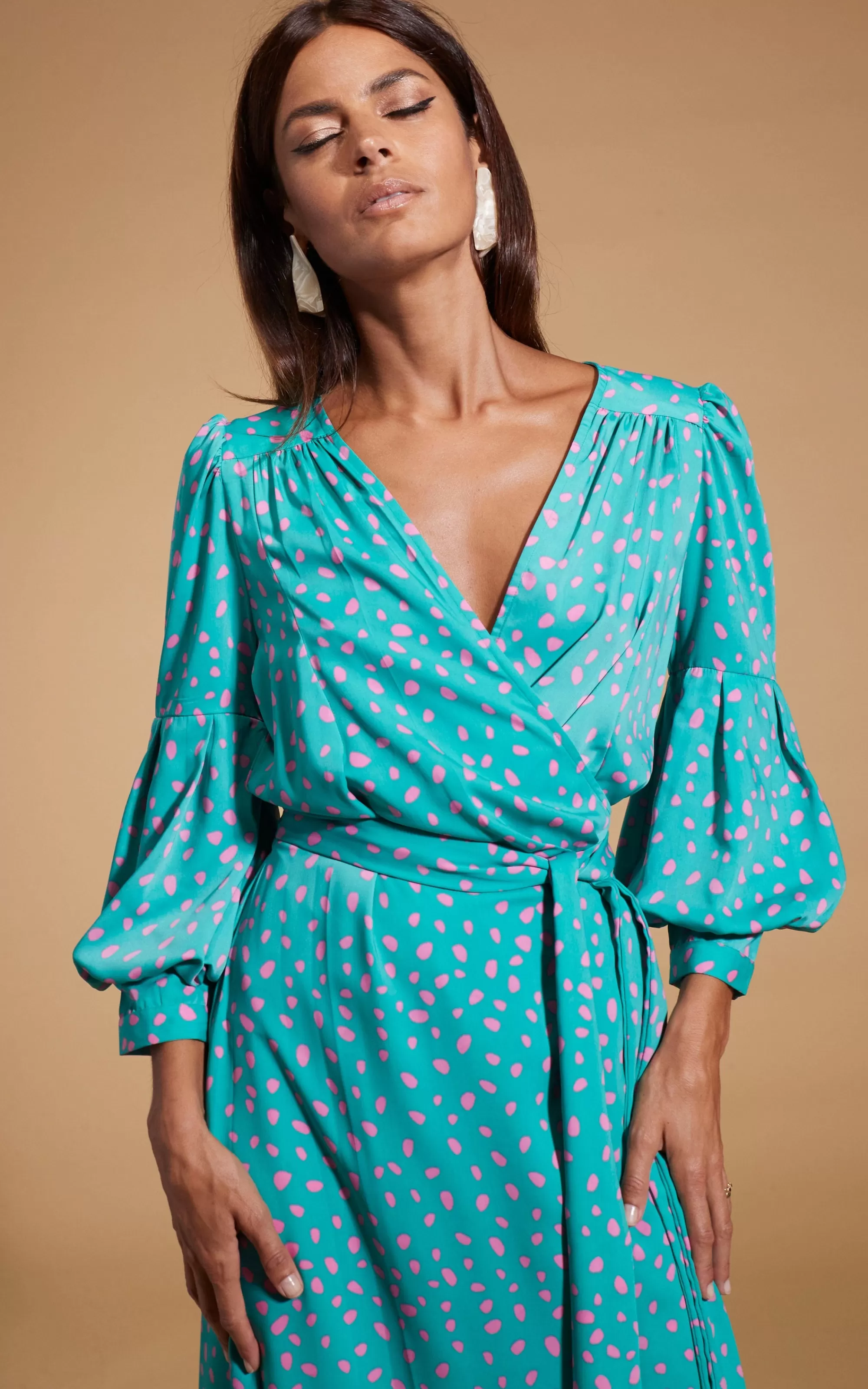 Dresses>Dancing Leopard Havannah Maxi Wrap Dress In Abstract Pink On Sea Green