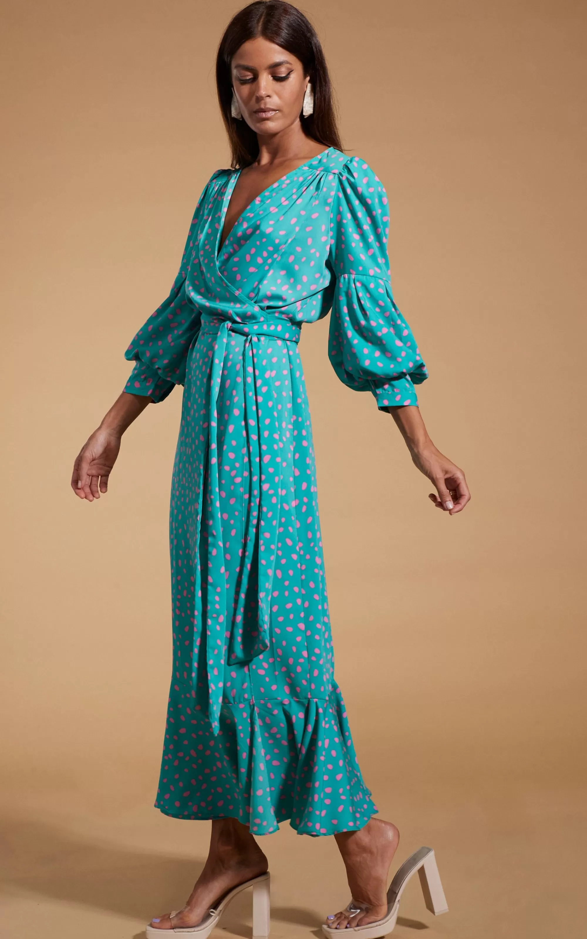 Dresses>Dancing Leopard Havannah Maxi Wrap Dress In Abstract Pink On Sea Green